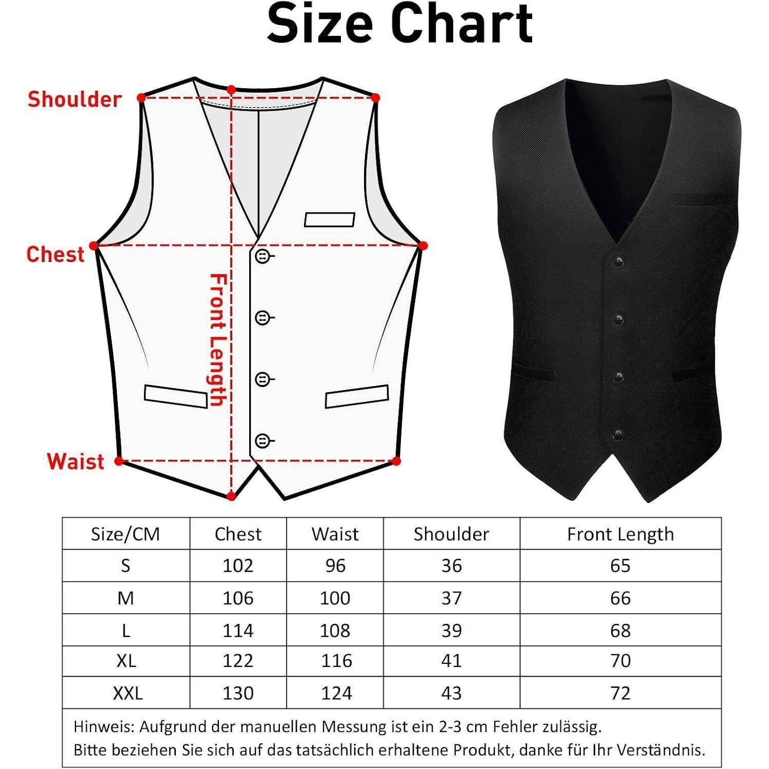 Größentabelle für Westen mit Maßangaben: S, M, L, XL, XXL. Tabellen zeigen Brustumfang, Taillenumfang, Schulterbreite, Vorderlänge in Zentimetern.