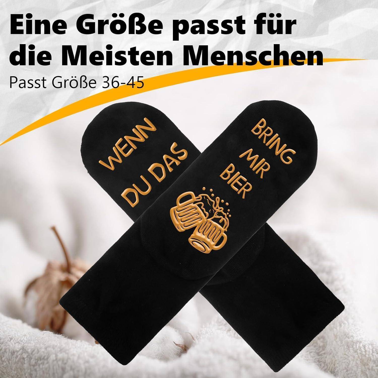 Schwarze Socken mit einem Bierkrug-Design und dem Text ‚WENN DU DAS' auf einem Socken und ‚BRING MIR BIER' auf dem anderen, passende Größen 36-45.