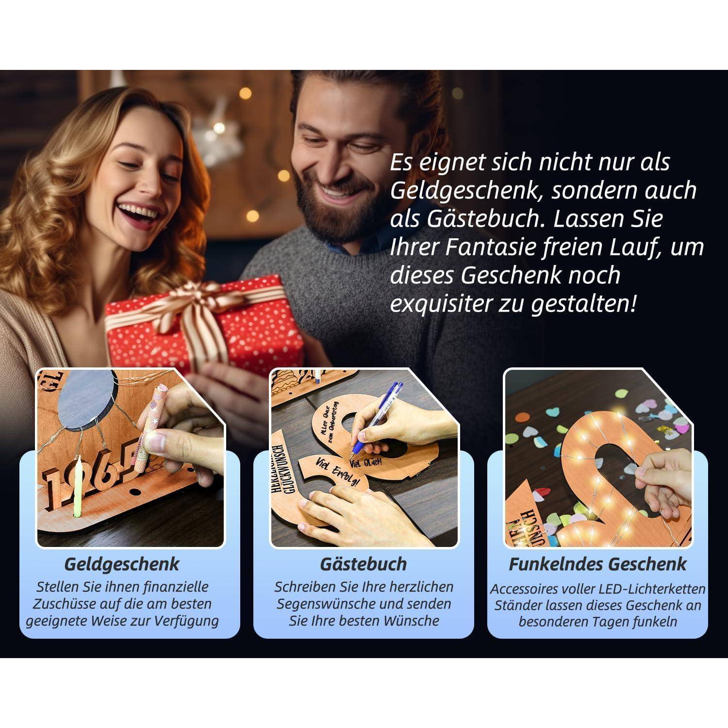 Ein Mann und eine Frau tauschen ein Geschenk aus. Unten, drei Geschenkideen: 'Geldgeschenk', 'Gästebuch' und 'Funkelndes Geschenk', jeweils mit einem beschreibenden Bild.
