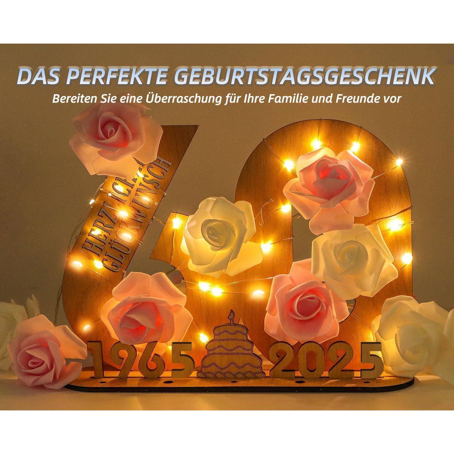 Eine dekorative Anordnung mit den Zahlen '1965' und '2025', geschmückt mit rosa Rosen und warmem Licht, mit dem Text 'DAS PERFEKTE GEBURTSTAGSGESCHENK'.