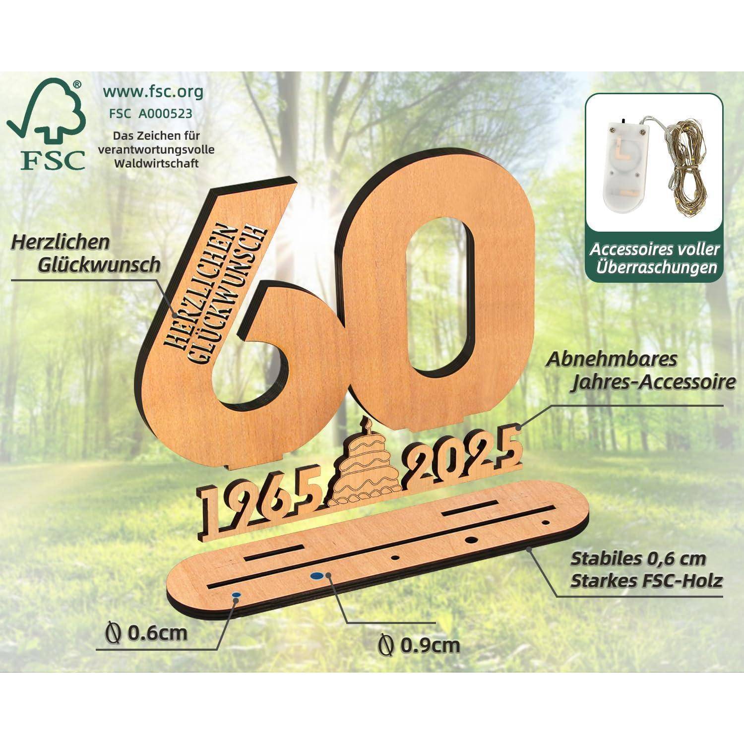 Holzschild mit der Zahl '60' und dem Text 'Herzlichen Glückwunsch'. Darunter sind die Jahreszahlen '1965' und '2025' zu sehen.
