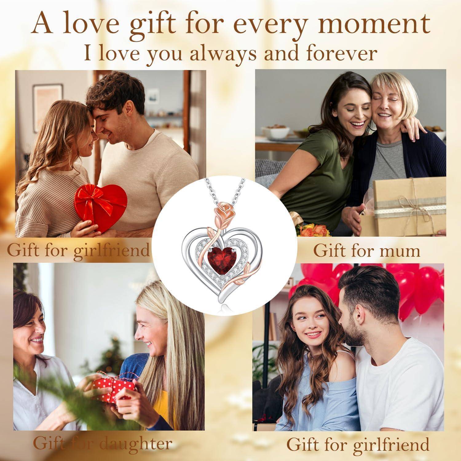 Ein Liebesgeschenk für jeden Moment. Ich liebe dich immer und für immer.' Bilder zeigen Menschen, die Halsketten verschenken, mit Beschriftungen für Freundin, Mama, Tochter. Das zentrale Bild ist ein herzförmiger Anhänger.
