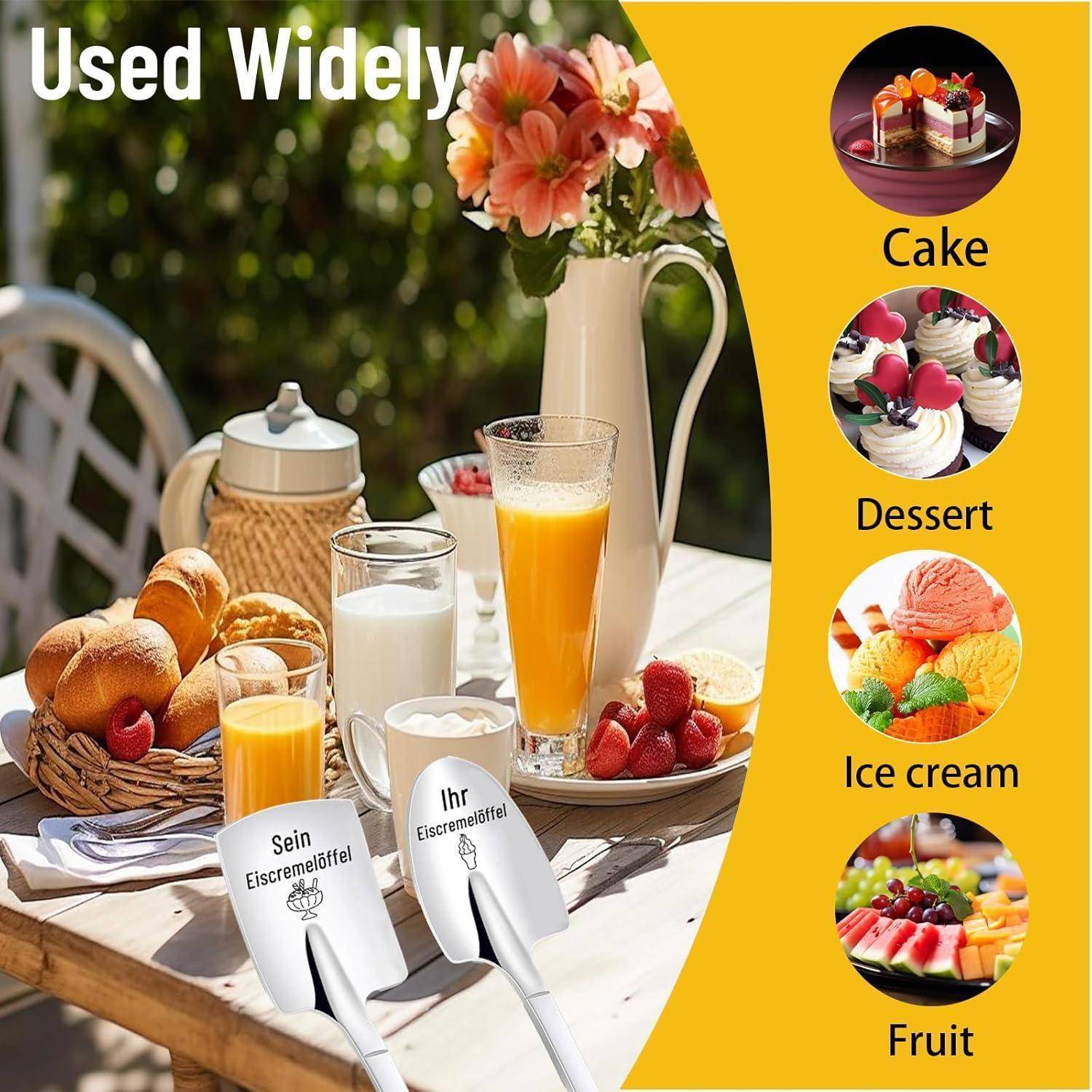 Frühstückstisch mit Saft, Milch, Gebäck und Obst. Text liest sich 