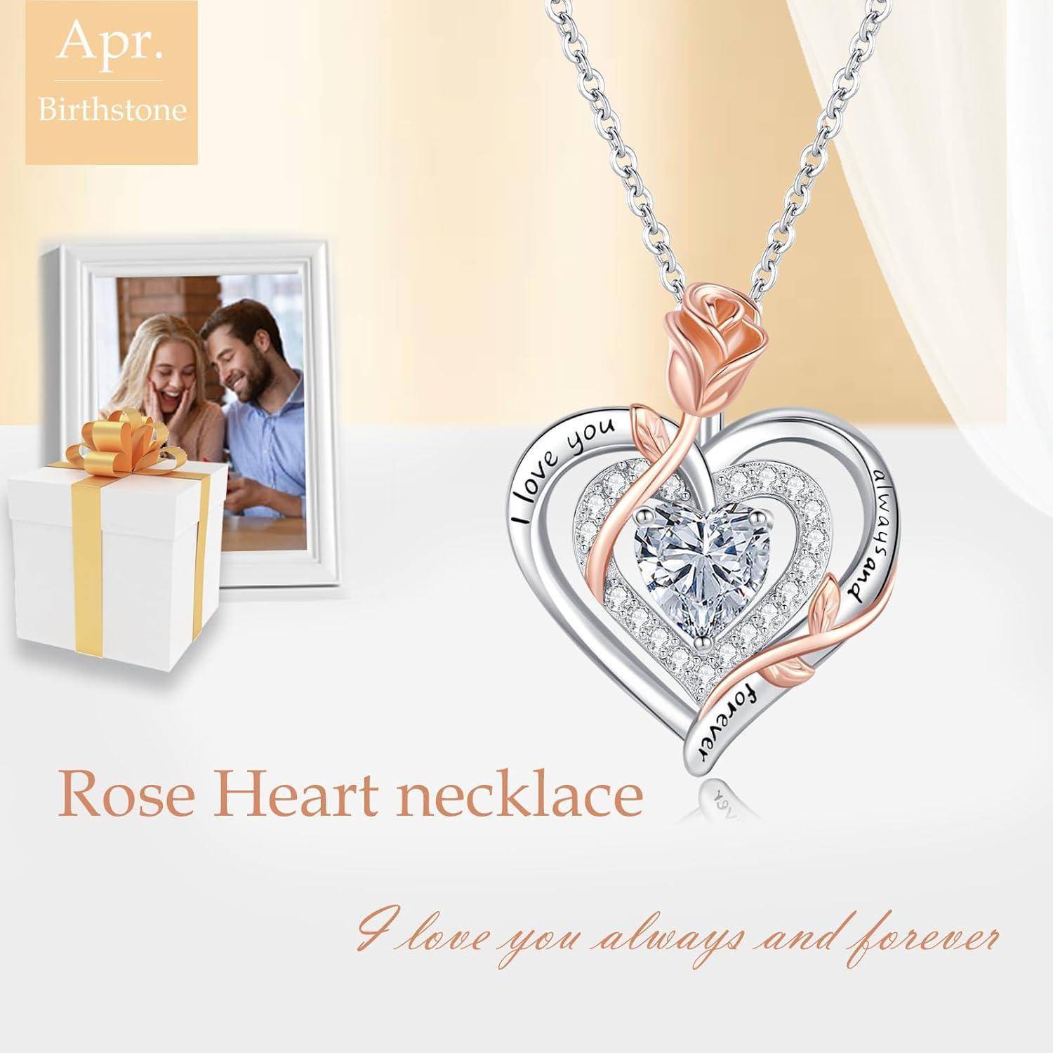 Eine Rosenherz-Halskette mit verschlungenen Silber- und Roségold-Bändern, auf denen die Worte 