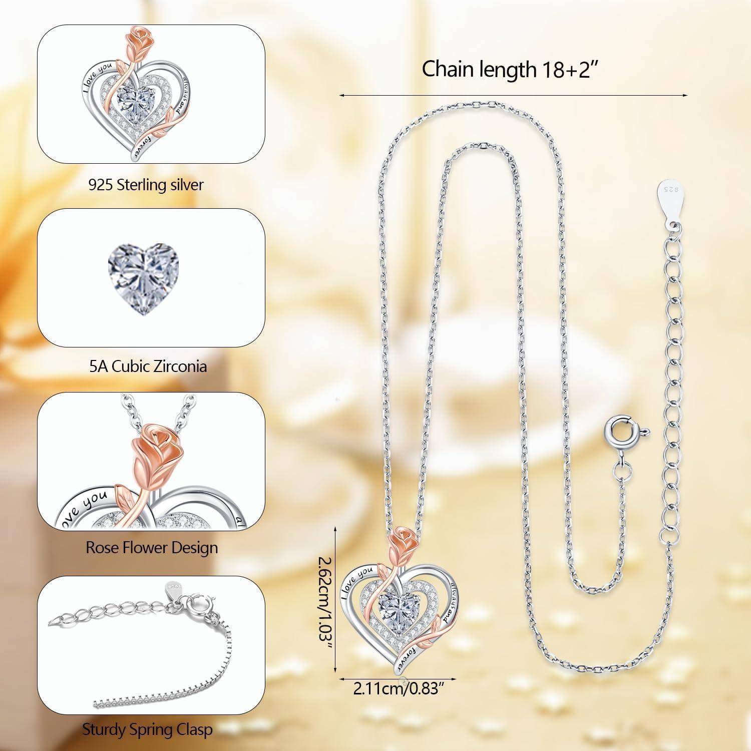 Herzförmiger Anhänger-Halskette aus Silber und Roségold mit Zirkonia, verziert mit einer Rosendesign. Kettenlänge: 18+2 Zoll.