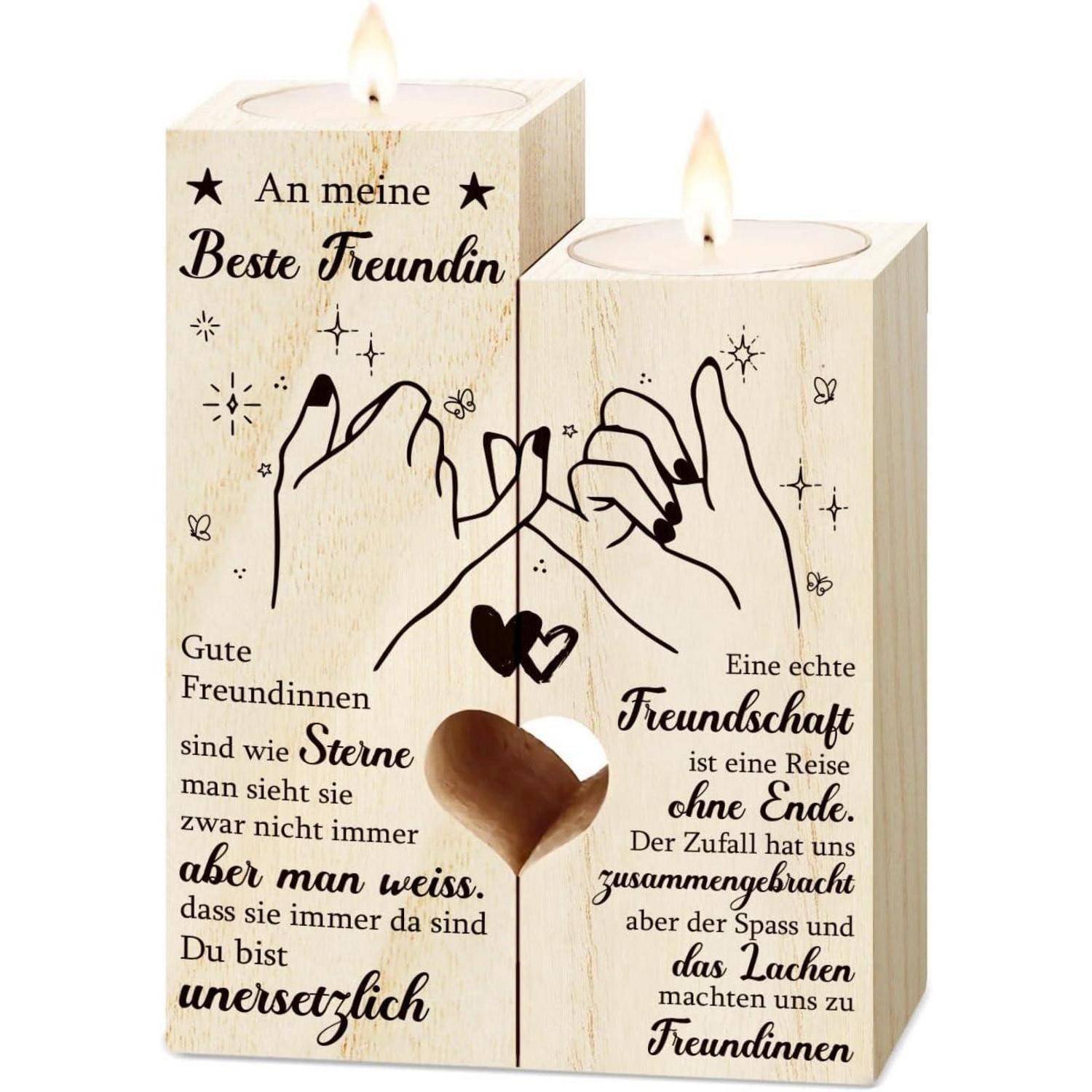 Holzkerzenhalter mit der Aufschrift 'An meine Beste Freundin' entlang von Illustrationen verschränkter Hände und Botschaften über Freundschaft.