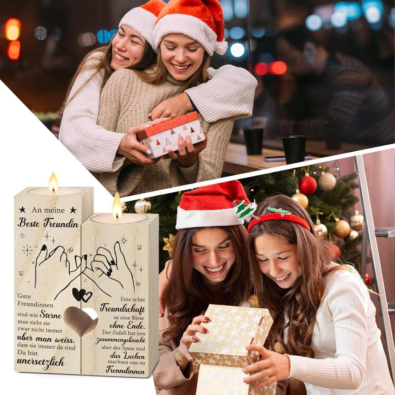 Zwei Bilder: Oben, zwei Menschen mit Weihnachtsmützen umarmen sich, während sie sich in einem Café Geschenke überreichen. Unten, zwei Menschen mit Weihnachtsmützen öffnen ein Geschenk neben einem geschmückten Baum.