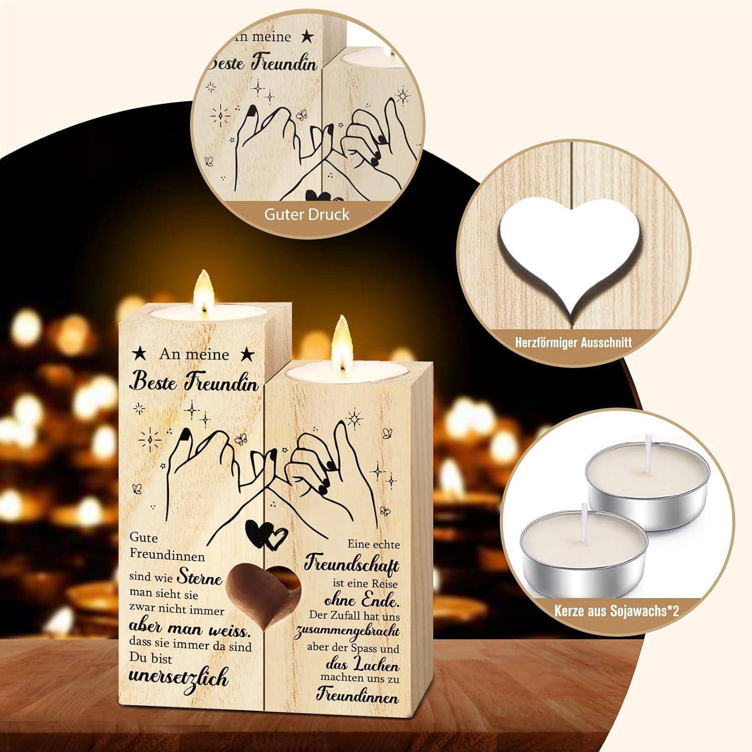 Holz-Deko mit Kerzenhaltern, Textaufdruck über Freundschaft, Herz-Aussparungsdesign und brennenden Kerzen für stimmungsvolle Atmosphäre.