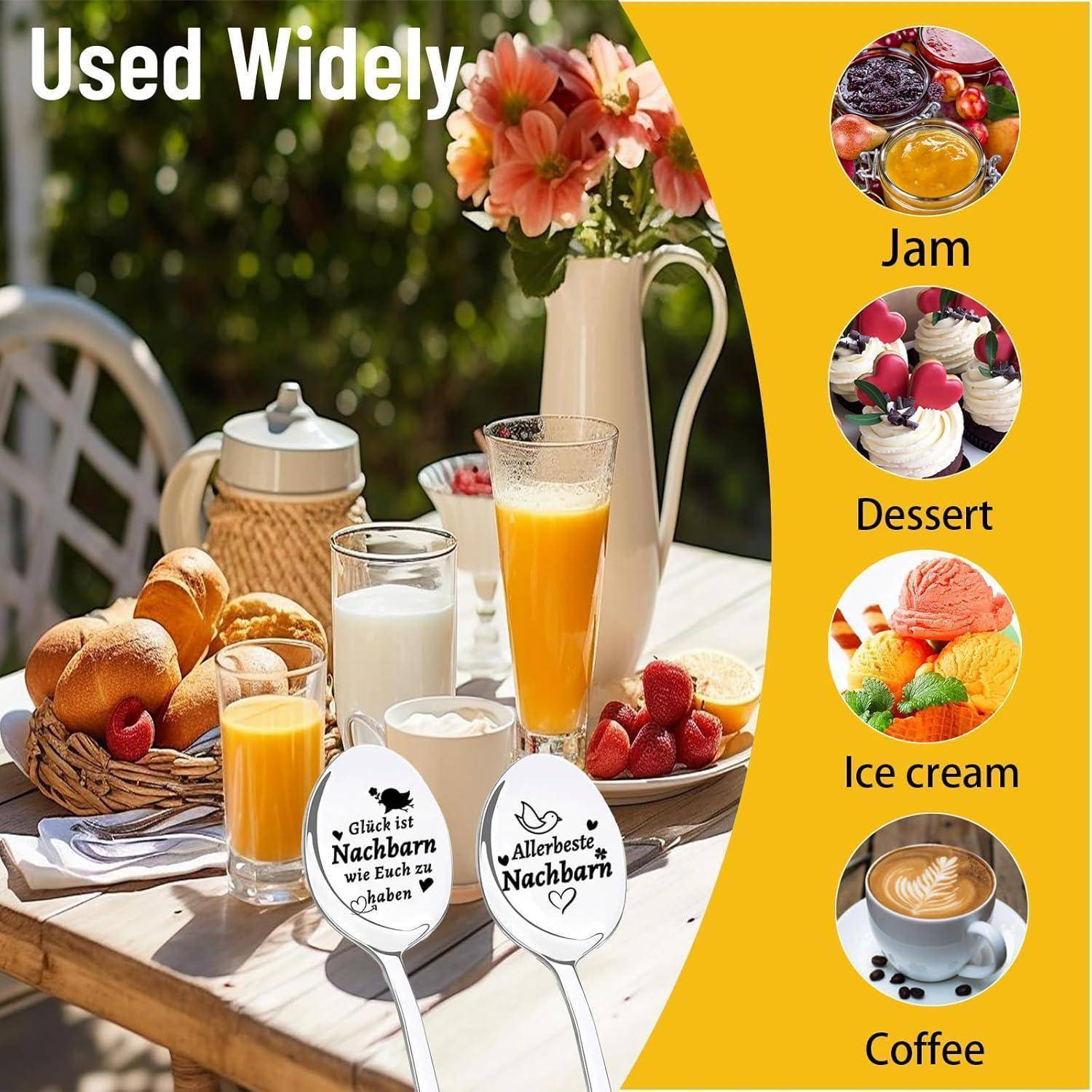 Ein Frühstückstisch mit Saft, Croissants und Blumen. Ein Einschub zeigt Tortendekore für „Marmelade
