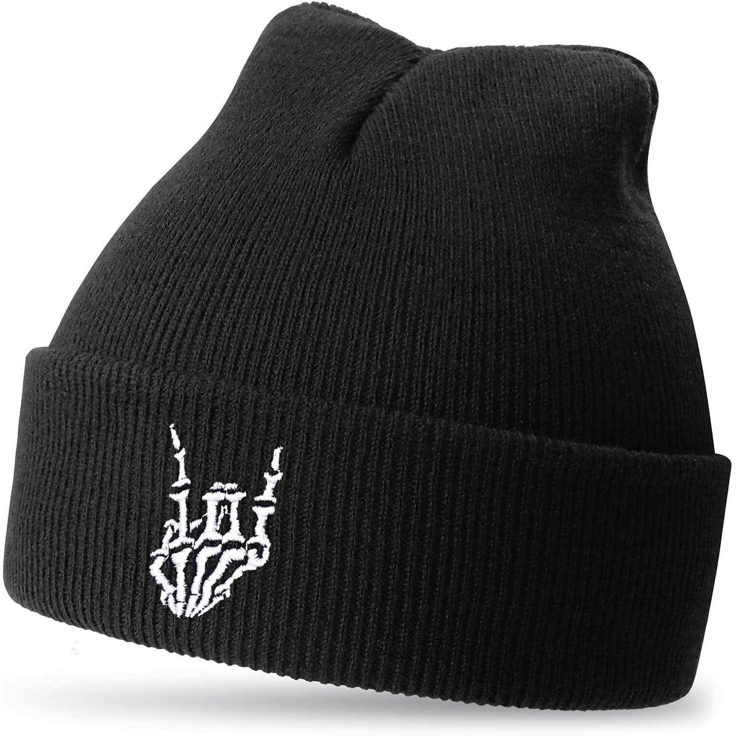 Eine schwarze Beanie-Mütze mit einem weißen Skeletthand-Design auf der Vorderseite, das eine Rock 'n' Roll-Geste macht.