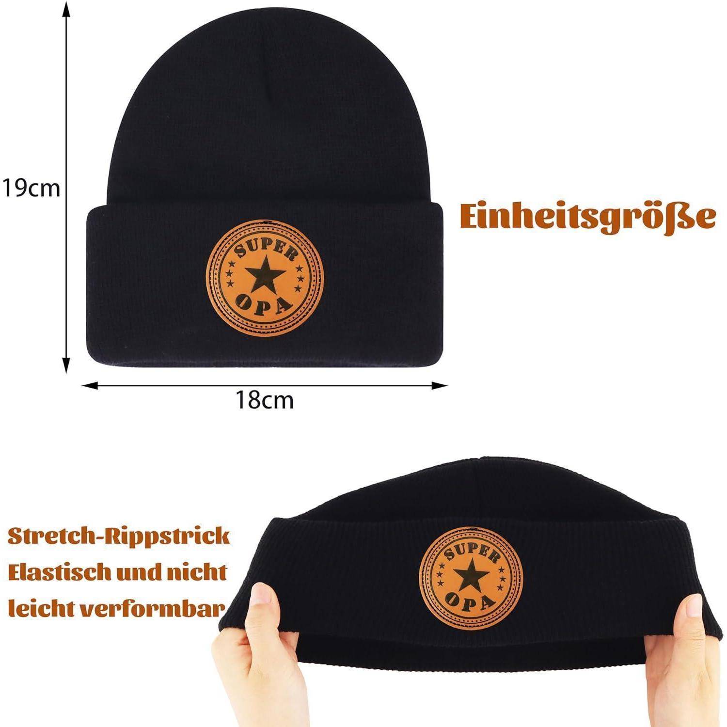 Ein schwarzer Beanie mit einem 'SUPER' Sternen-Patch ist zu sehen. Oberes Bild zeigt 18 cm Breite und 19 cm Höhe. Unteres Bild zeigt Hände, die ihn halten. Text liest sich: 'Einheitsgröße' und 'Stretch-Rippstrick, elastisch und nicht leicht verformbar.