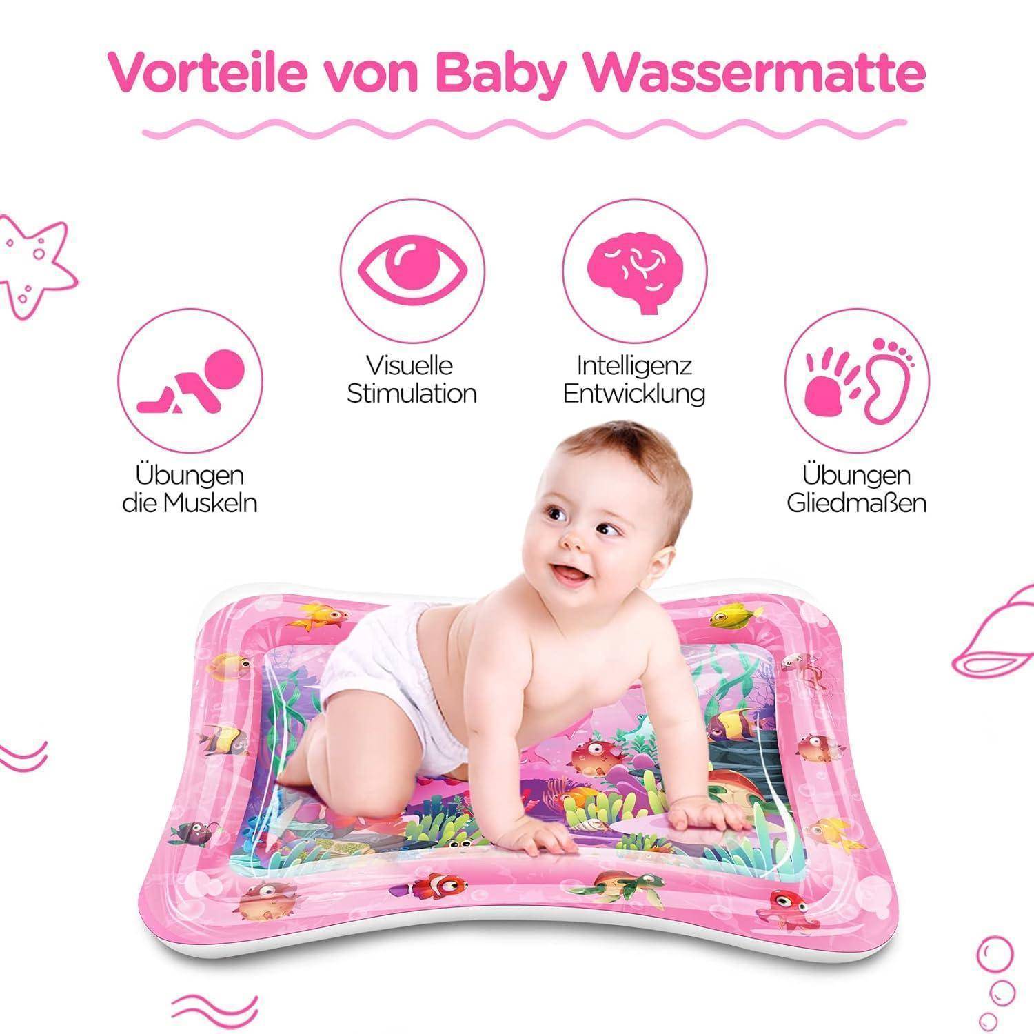 Ein Baby spielt auf einer rosa Wassermatte, umgeben von Symbolen, die Vorteile anzeigen: visuelle Stimulation, Intelligenzentwicklung, Muskel- und Gliedmaßenübungen.