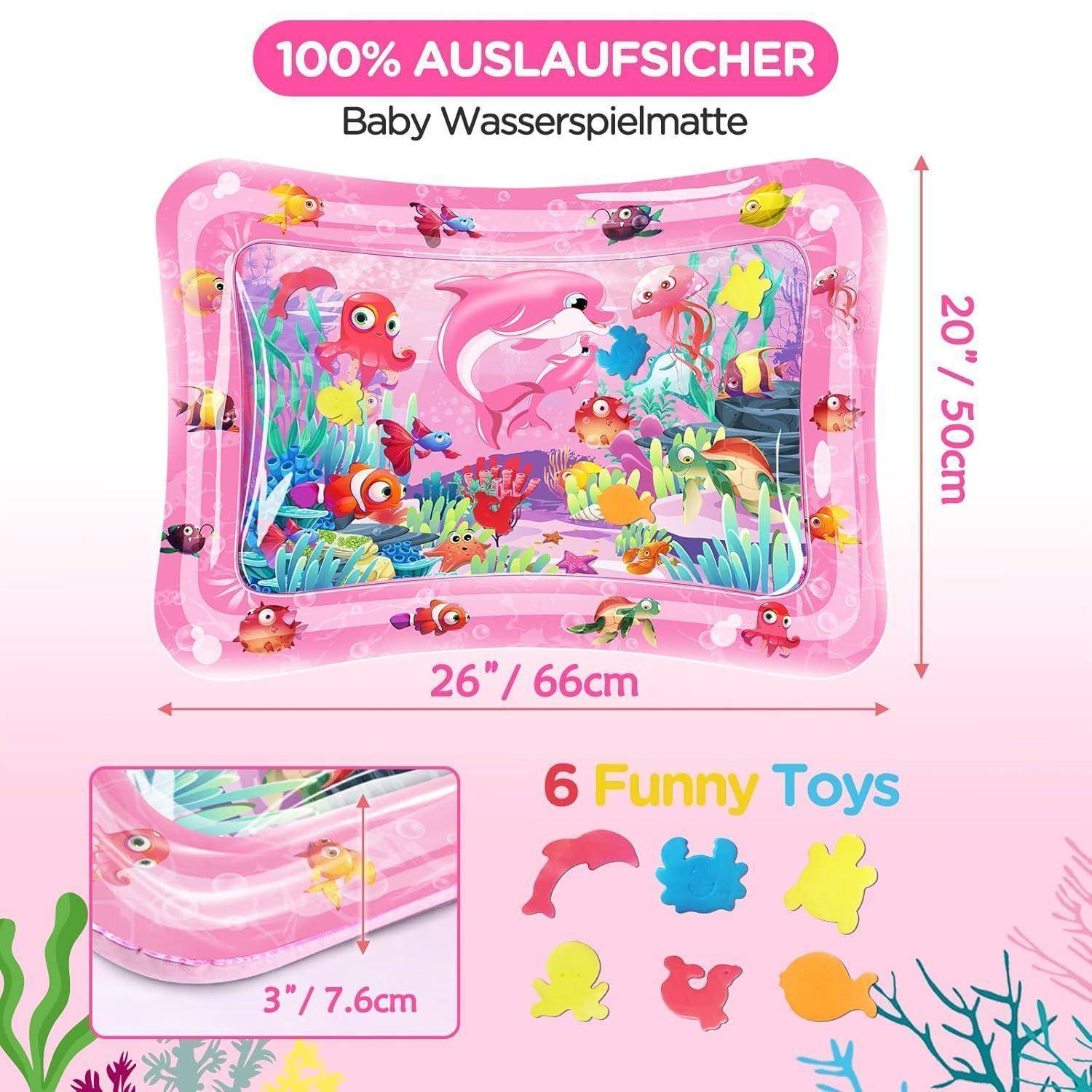 Aufblasbarer rosa Wasserspielmatte für Babys mit Cartoon-Meerestieren. Text: '100% AUSLAUFSICHER', '6 Lustige Spielzeuge'. Abmessungen: 26