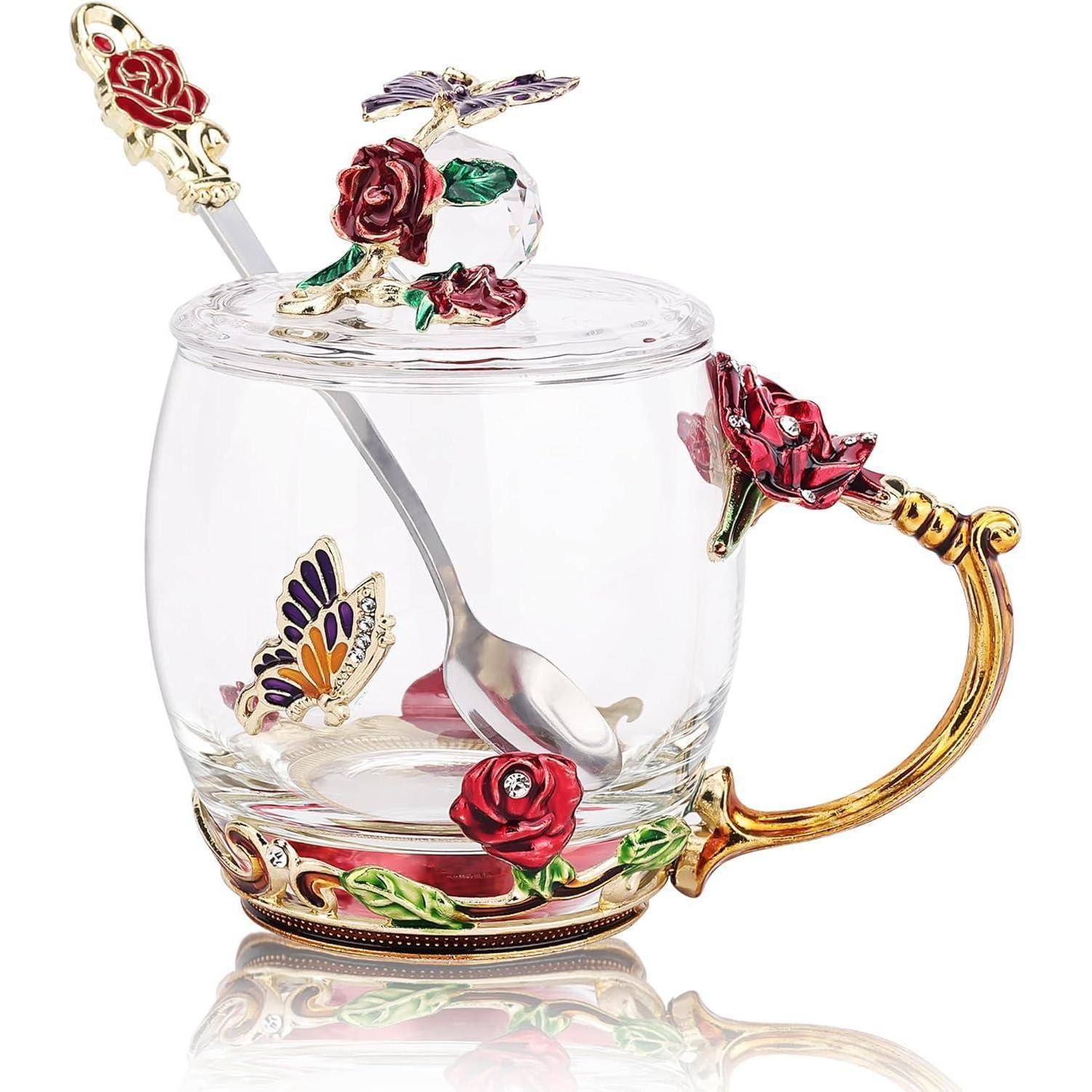 Tasse Emaille Schmetterling Tee Löffel Deckel Rote Rose Niedrig