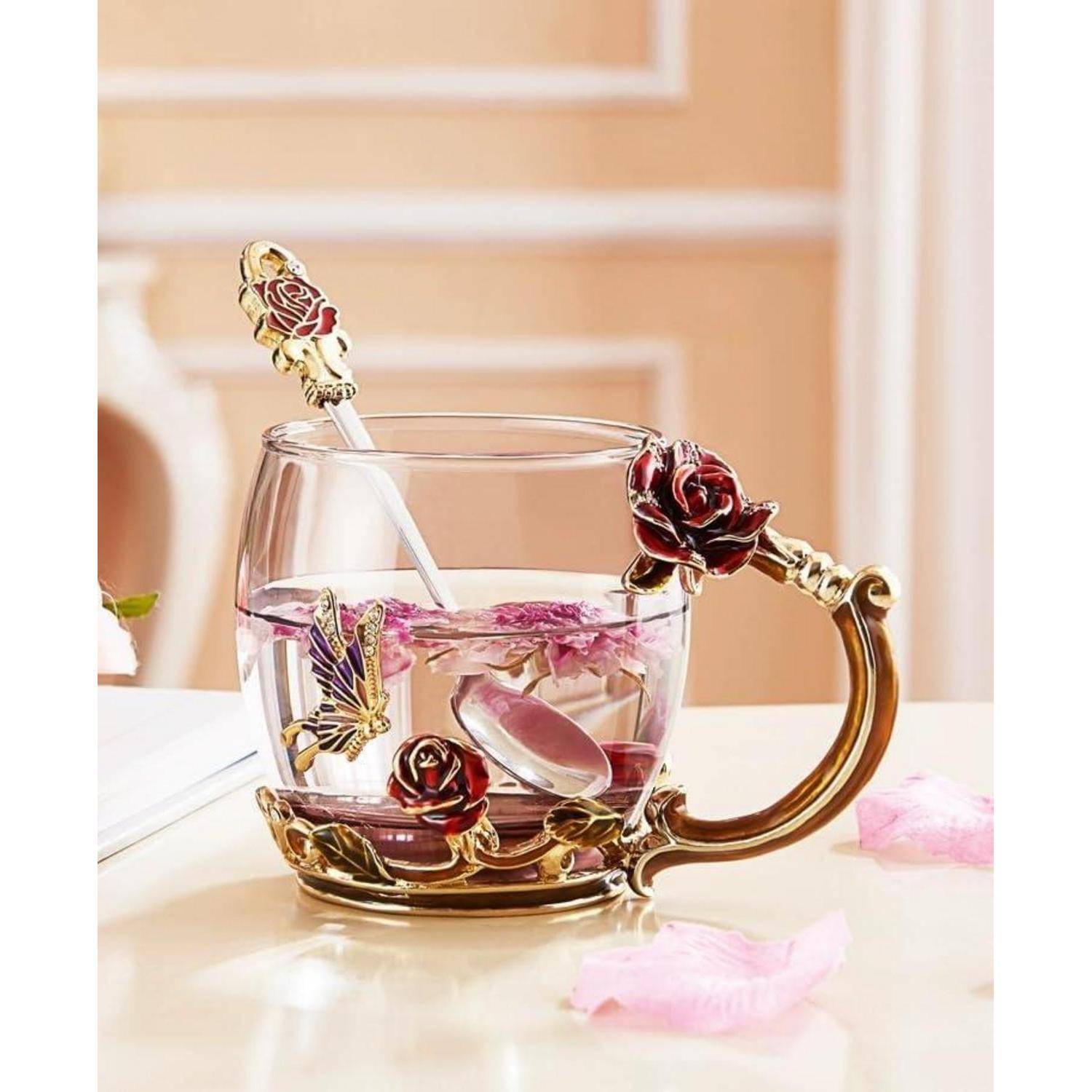 Tasse Emaille Schmetterling Tee Löffel Deckel Rote Rose Niedrig