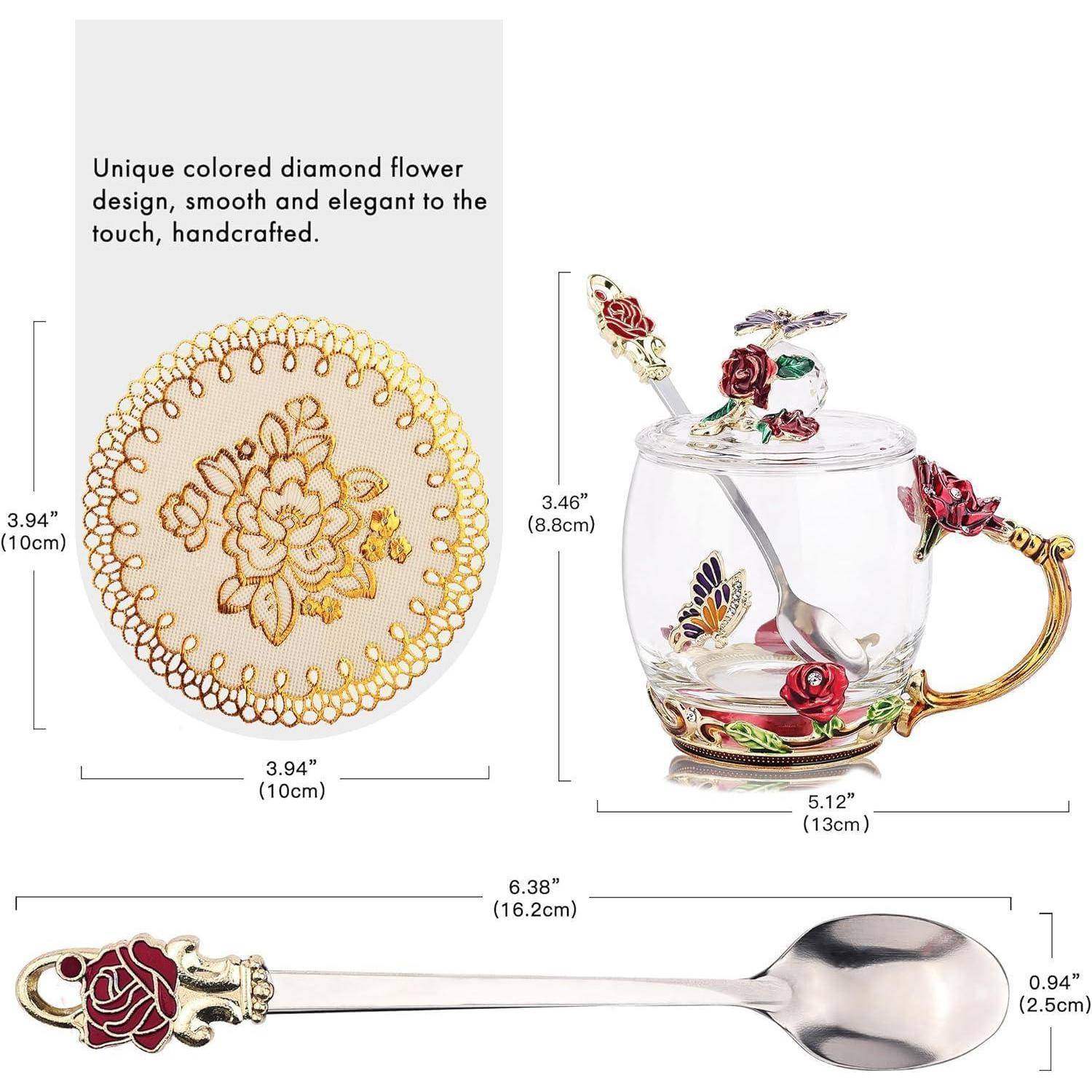 Tasse Emaille Schmetterling Tee Löffel Deckel Rote Rose Niedrig