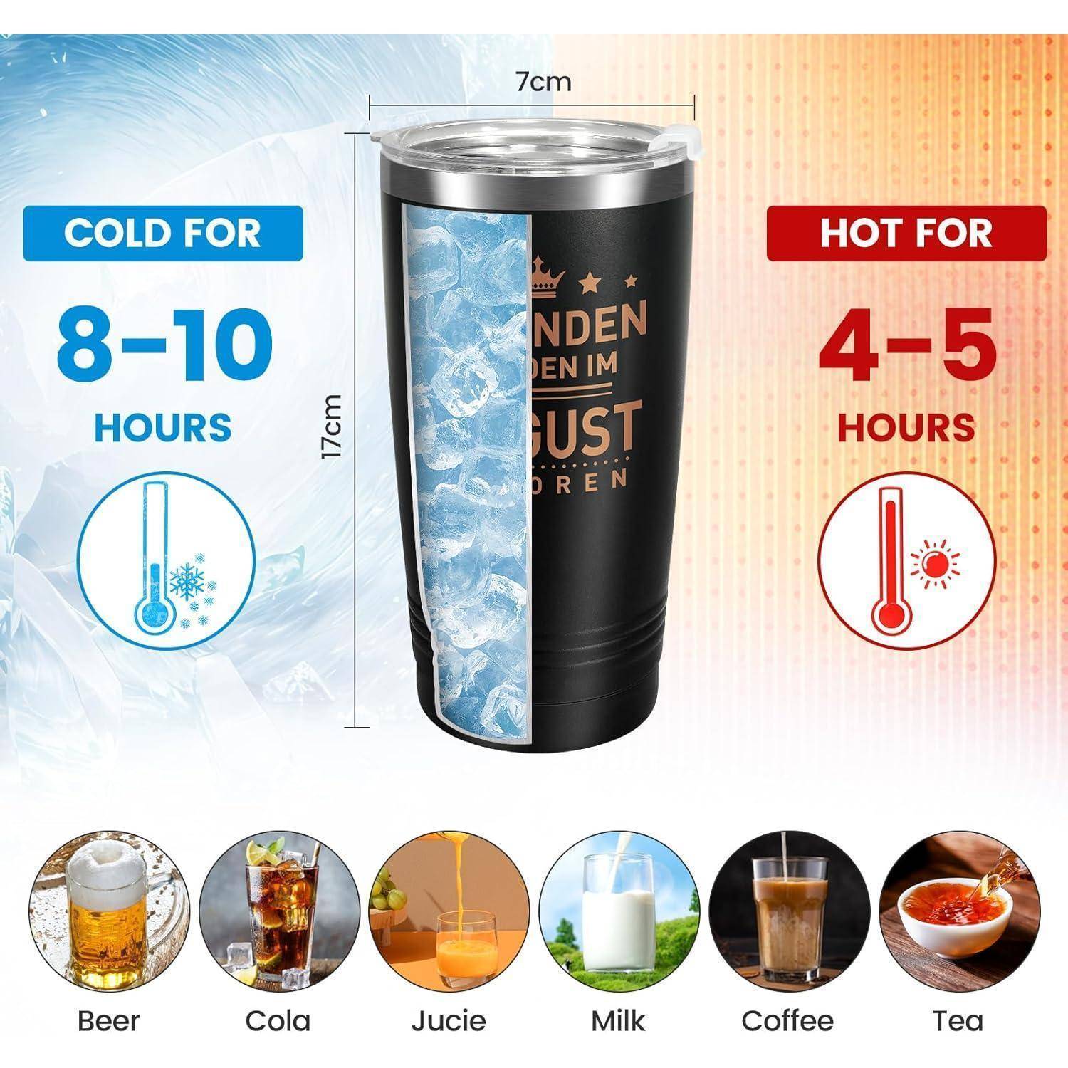 Thermosbecher: Hält Getränke 8-10 Stunden kalt und 4-5 Stunden heiß. Geeignet für Bier, Cola, Saft, Milch, Kaffee und Tee.