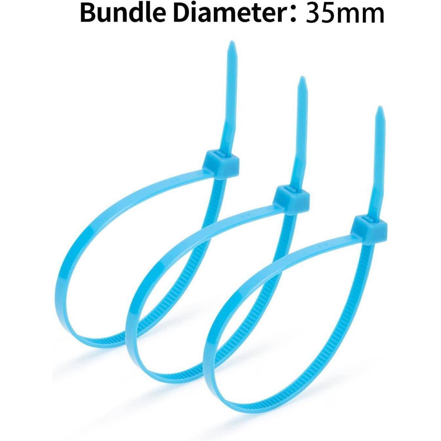 Drei blaue Kabelbinder mit spitzen Enden und einem Bundduchmesser von 35mm.