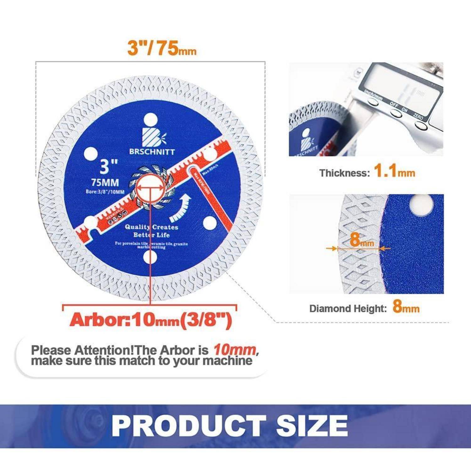 Sägeblatt-Produktgrößendetails: Durchmesser 3 Zoll/75 mm, Aufnahme 10 mm (3/8