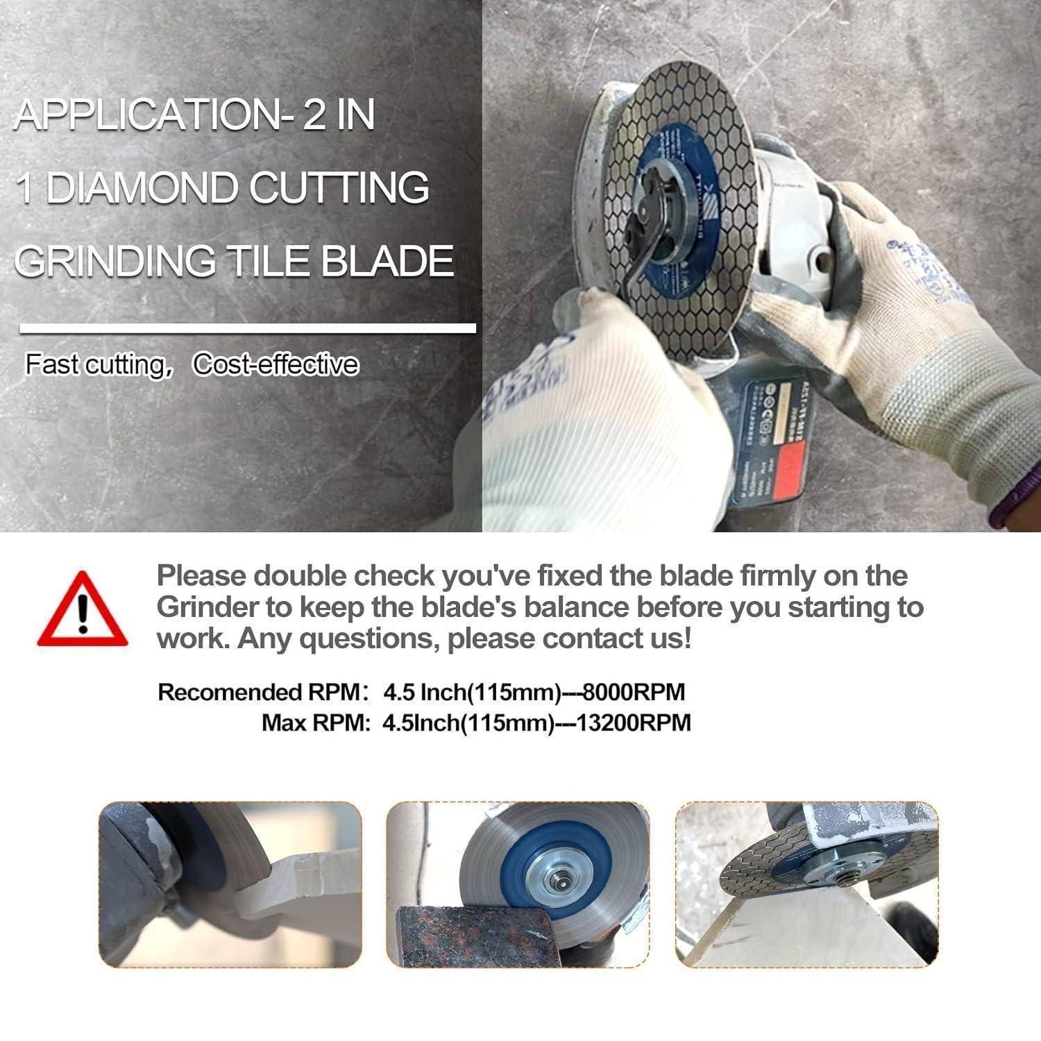 Diamant-Schneiden und Schleifen von Fliesenblättern im Einsatz; Anweisungen raten, das Blatt vor dem Start zu befestigen. Enthält Sicherheitswarnung.