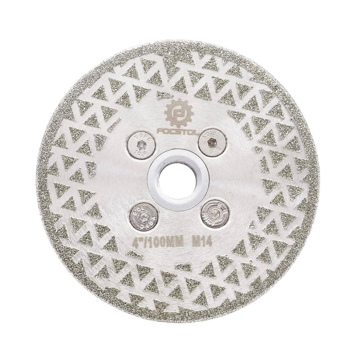 Eine kreisförmige Diamant-Schleifscheibe mit 4 Zoll Durchmesser, mit dreieckigen Schleifmustern und einem Zentralloch zur Montage an Elektrowerkzeugen.