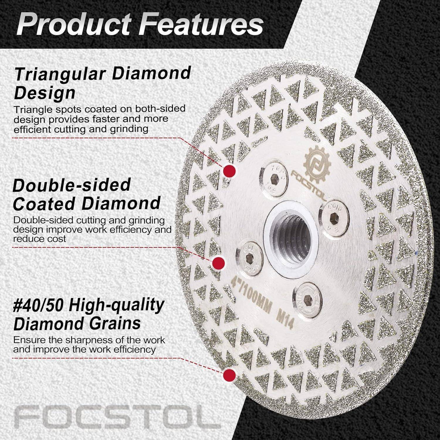 Kreisschleifscheibe mit dem Logo 'FOCSTOL'. Merkmale umfassen ein dreieckiges Diamantdesign, doppelseitige Beschichtung für Effizienz und #40/50 hochwertige Diamantkörner für Schärfe.