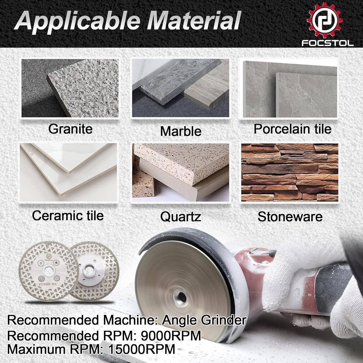 Darstellung von Materialien: Granit, Marmor, Porzellanfliesen, Keramikfliesen, Quarz und Steinzeug. Empfohlene Maschine: Winkelschleifer.