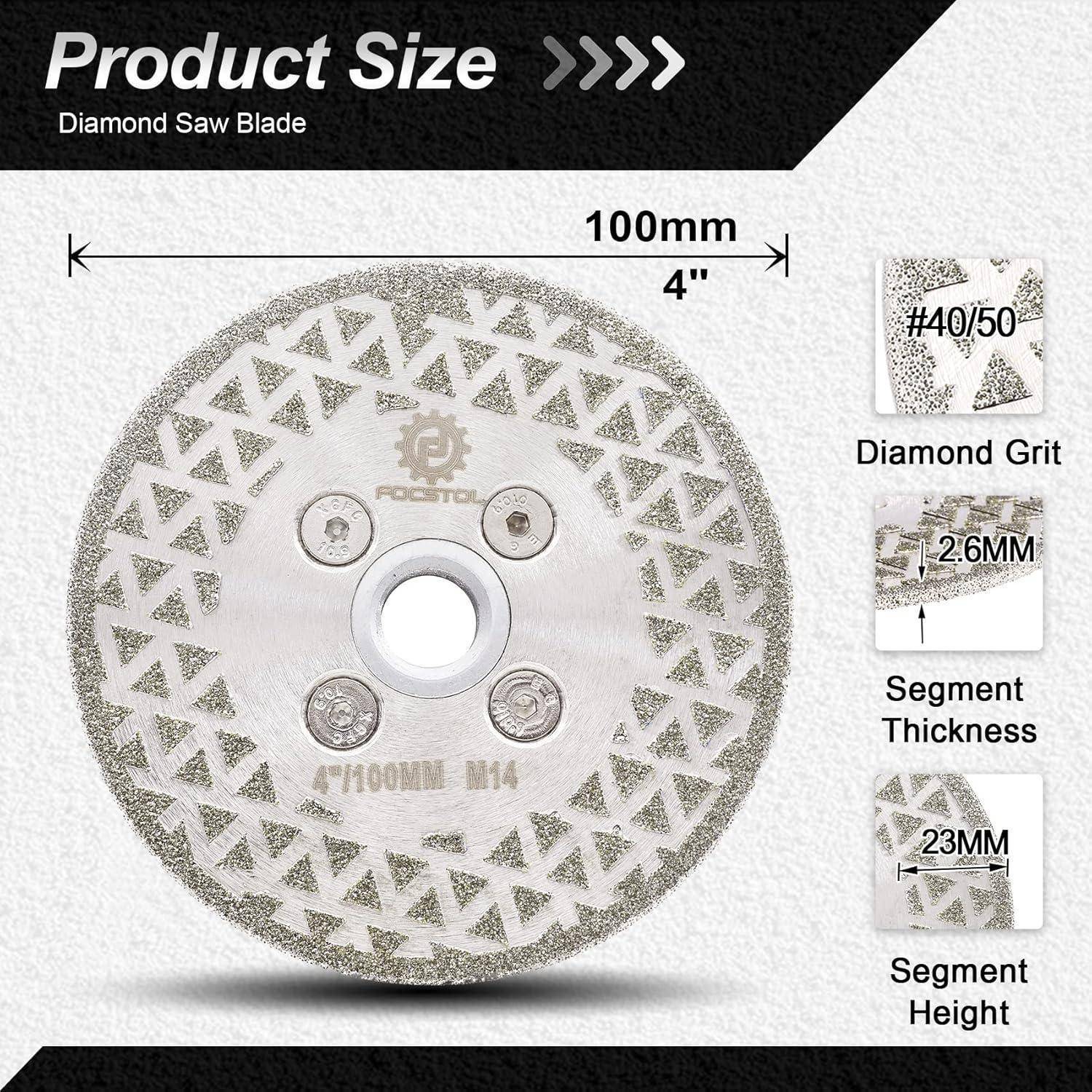 Diamant-Sägeblatt, 100 mm Durchmesser, 4 Zoll beschriftet. Merkmale umfassen '#40/50 Diamant-Körnung', '2,6 mm Segmentdicke', '23 mm Segmenthöhe'.