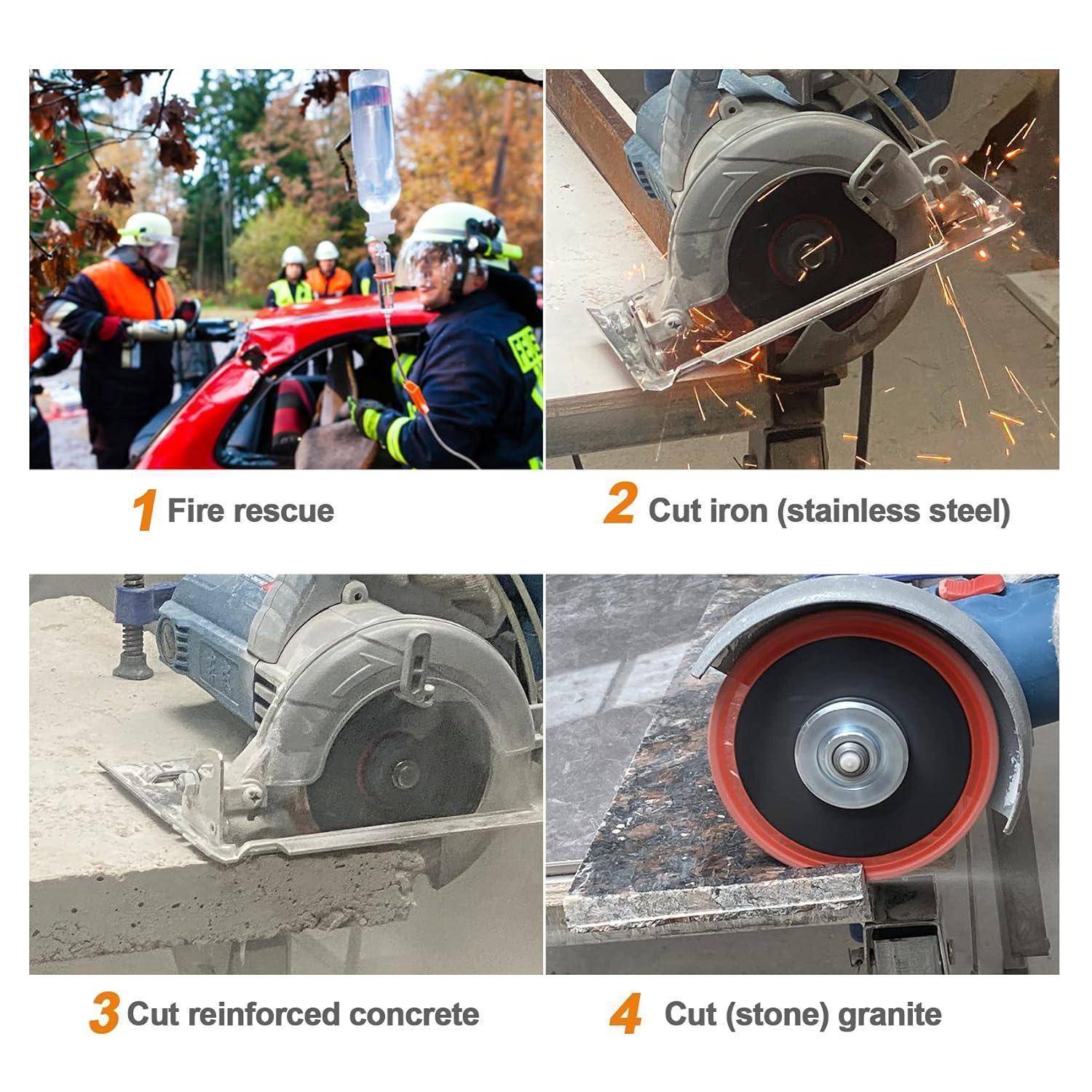 Bild zeigt Rettungskräfte bei einem Feuerwehreinsatz und drei Detailaufnahmen von Sägen, die Edelstahl, bewehrten Beton und Granit schneiden.