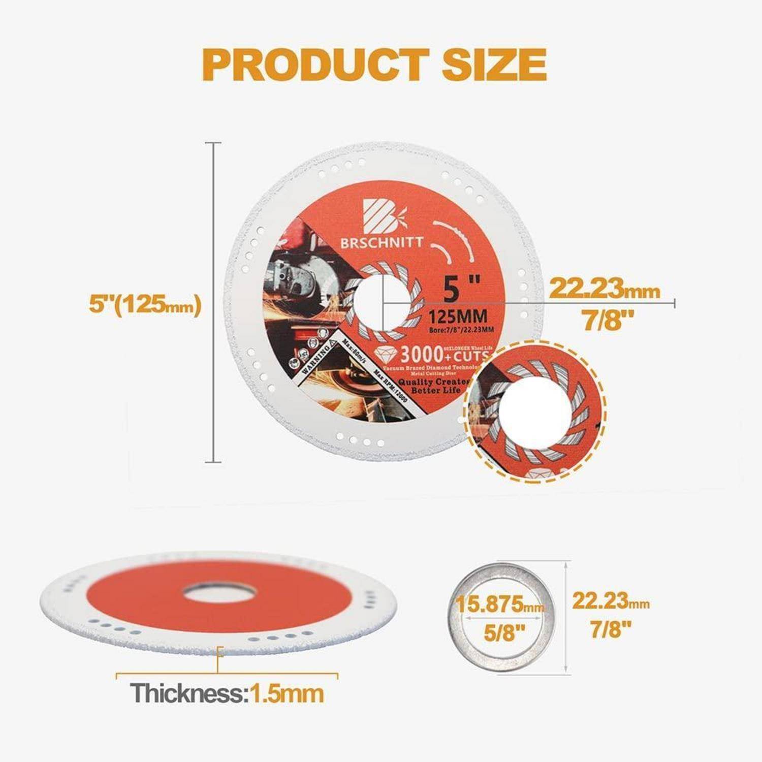 Produktgröße: Kreissägeblatt mit 5 Zoll (125 mm) Durchmesser, Dicke 1,5 mm, mit Aufnahmen von 22,23 mm und 15,875 mm.