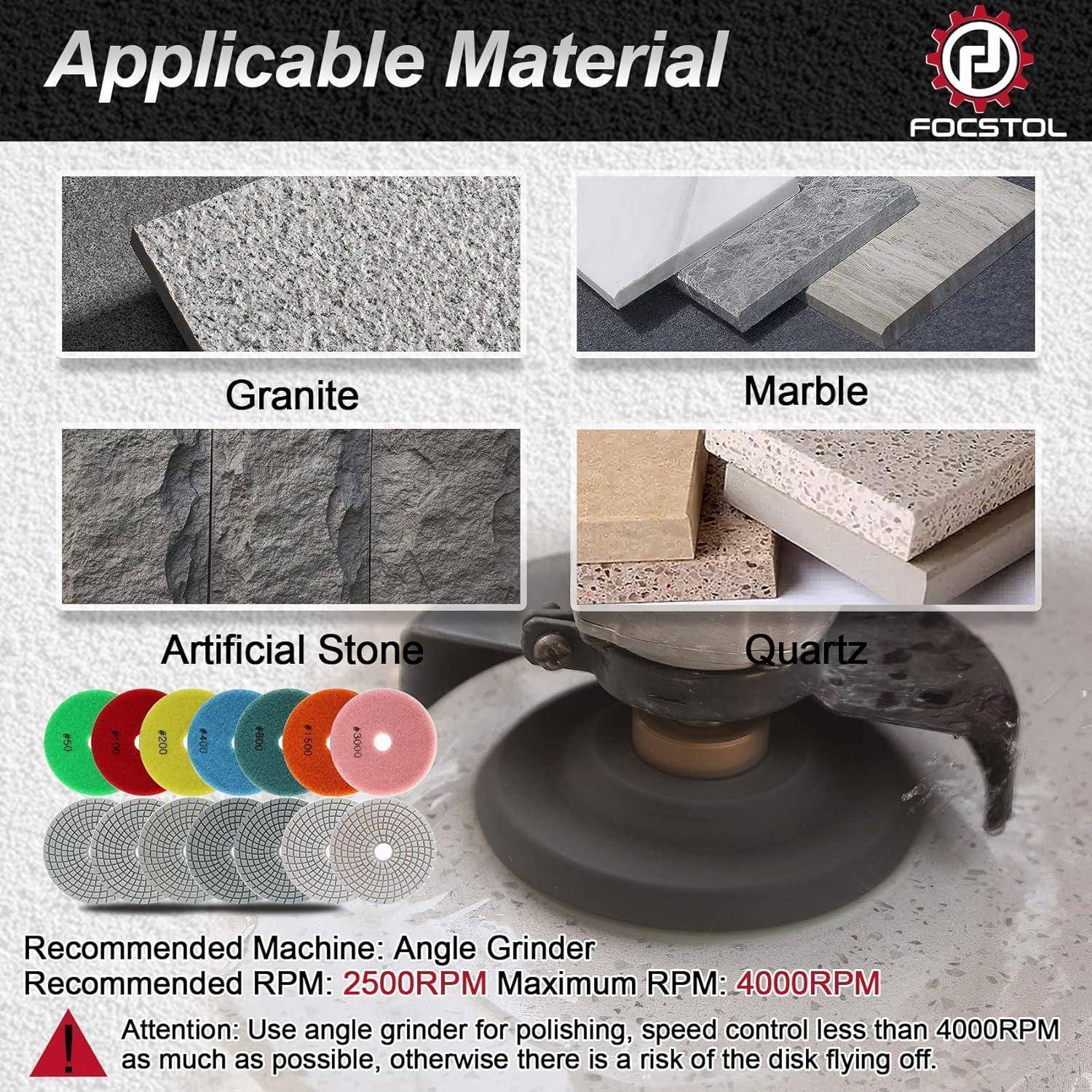 Zu bearbeitendes Material' umfasst Granit, Marmor, künstlichen Stein, Quarz. Verwenden Sie einen Winkelschleifer: 2500 U/min empfohlen, max. 4000 U/min.