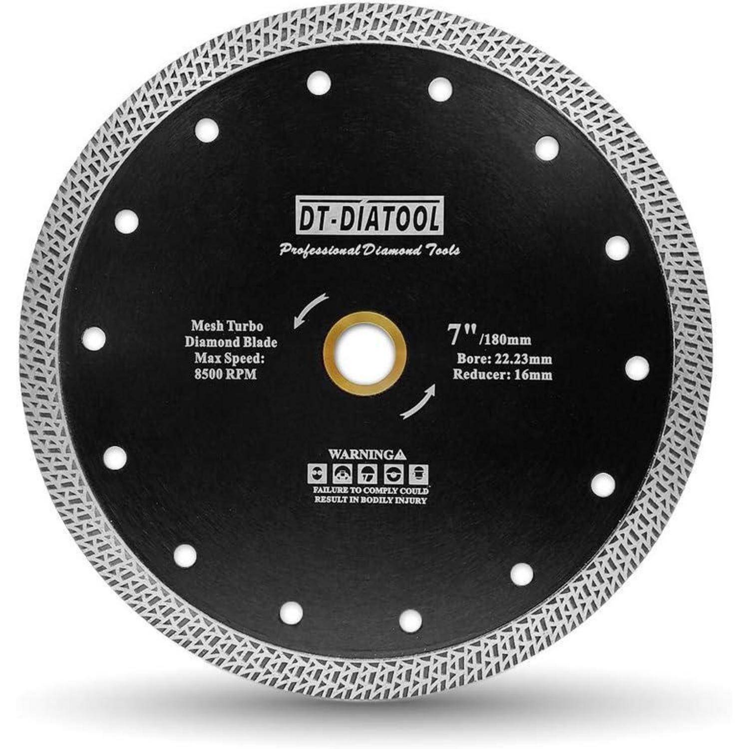 Eine schwarze Mesh-Turbo-Diamantscheibe mit einem Durchmesser von 7 Zoll (180 mm), konstruiert zum Schneiden, mit einer Geschwindigkeitsbegrenzung von 8500 U/min.
