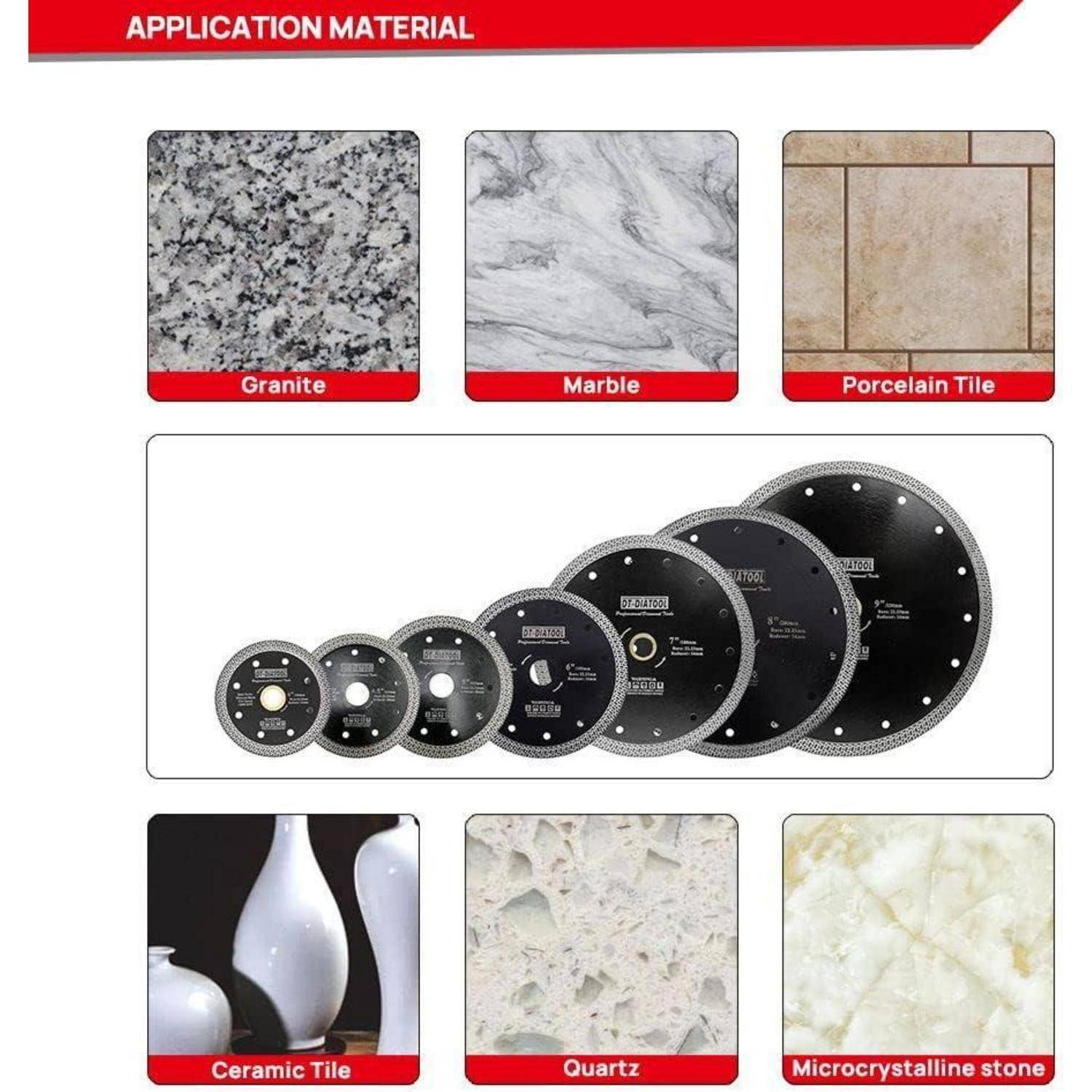Diamantblätter zum Schneiden von: Granit, Marmor, Porzellanfliesen, Keramikfliesen, Quarz, mikrokristaline Steine. Bilder zeigen jeden Materialtyp.