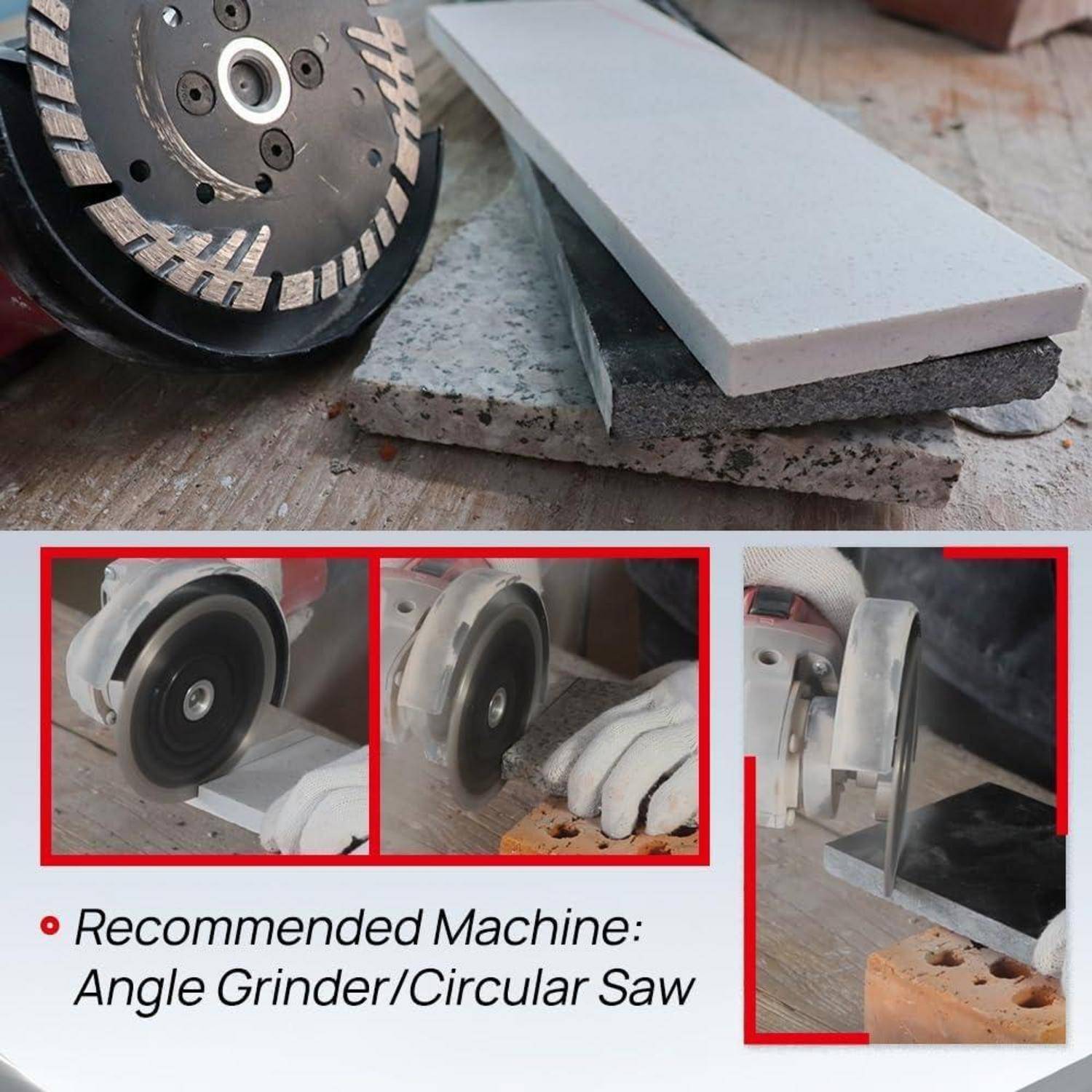 Winkelschleifer mit Diamantscheibe beim Schneiden von Betonblöcken; empfohlene Maschine: Winkelschleifer/Kreissäge.