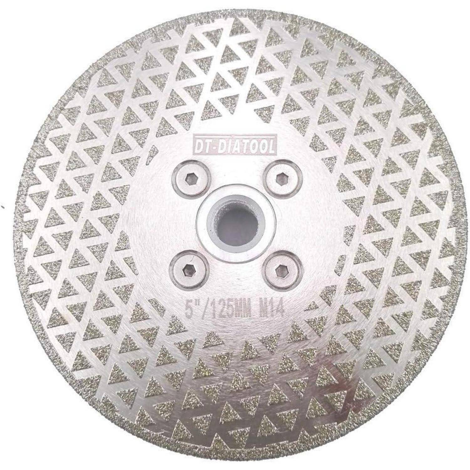 Eine kreisförmige Metalscheibe mit einem zentralen Loch und dreieckigen Mustern, gekennzeichnet mit 'DT-DIATOOL 5