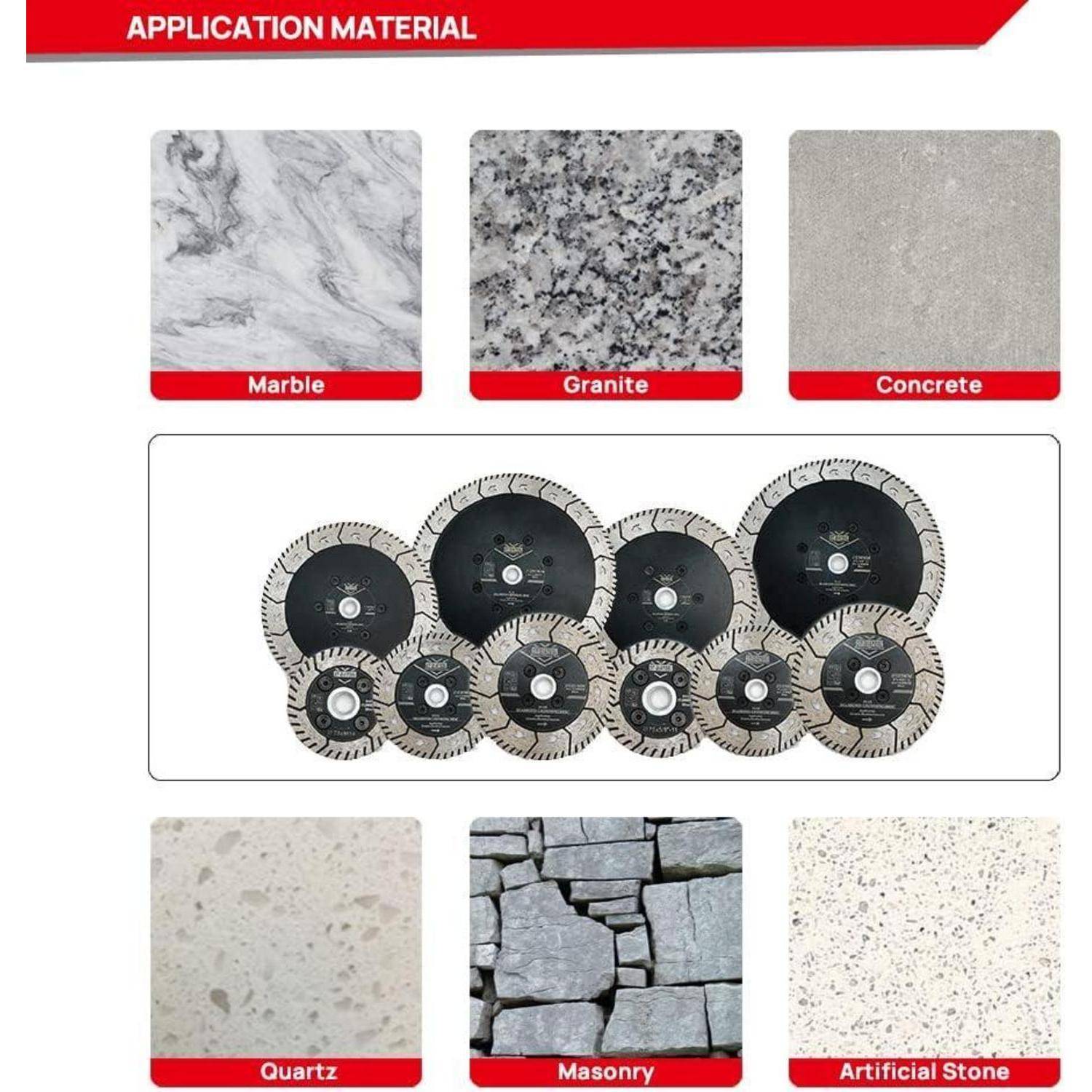 Diamant-Schneidblätter für Materialien: Marmor, Granit, Beton, Quarz, Mauerwerk, künstlicher Stein. Darstellung enthält Bilder der einzelnen Materialien.