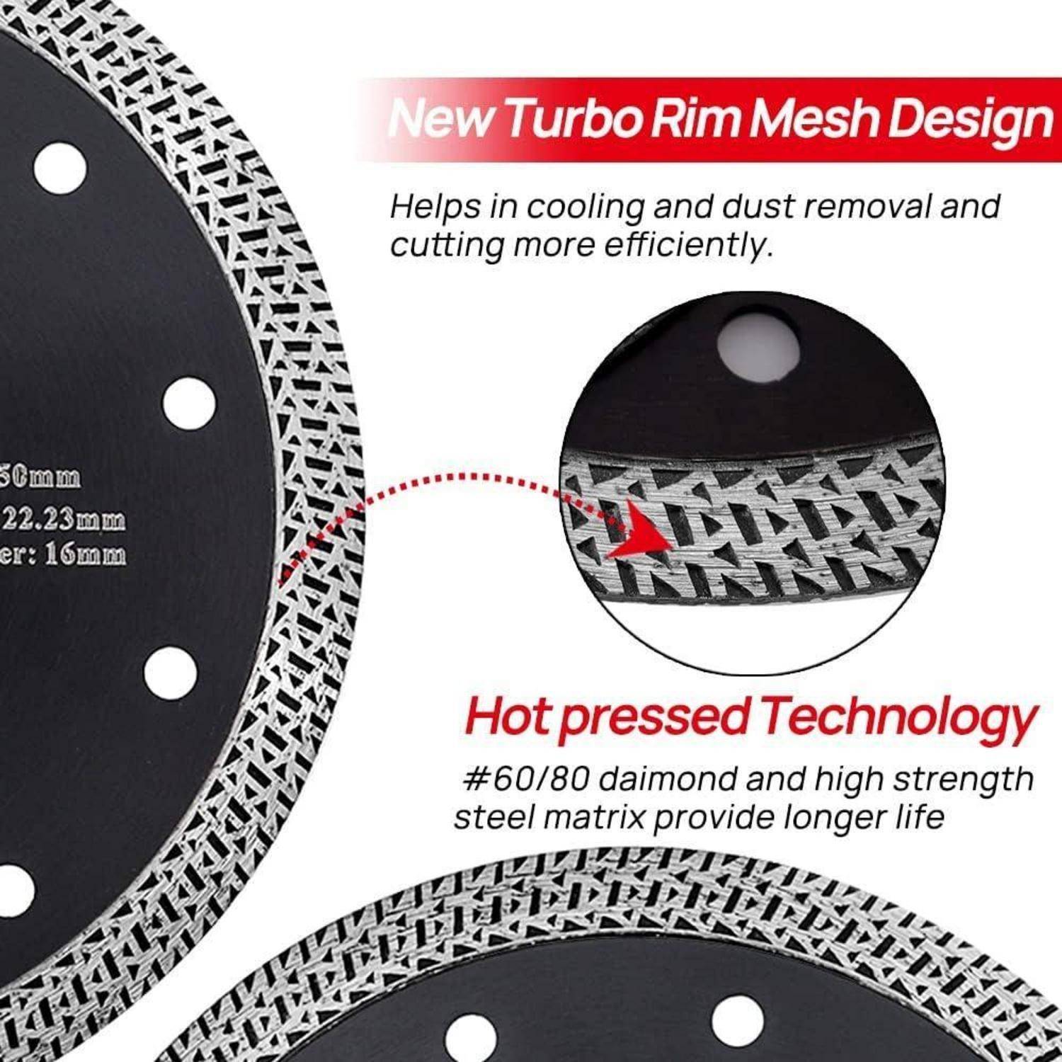 Sägeblatt mit einem 'Neuen Turbo-Rand-Gitter-Design' für bessere Staubentfernung und Kühlung. Die 'Heißpresse-Technologie' gewährleistet Haltbarkeit und lange Lebensdauer.