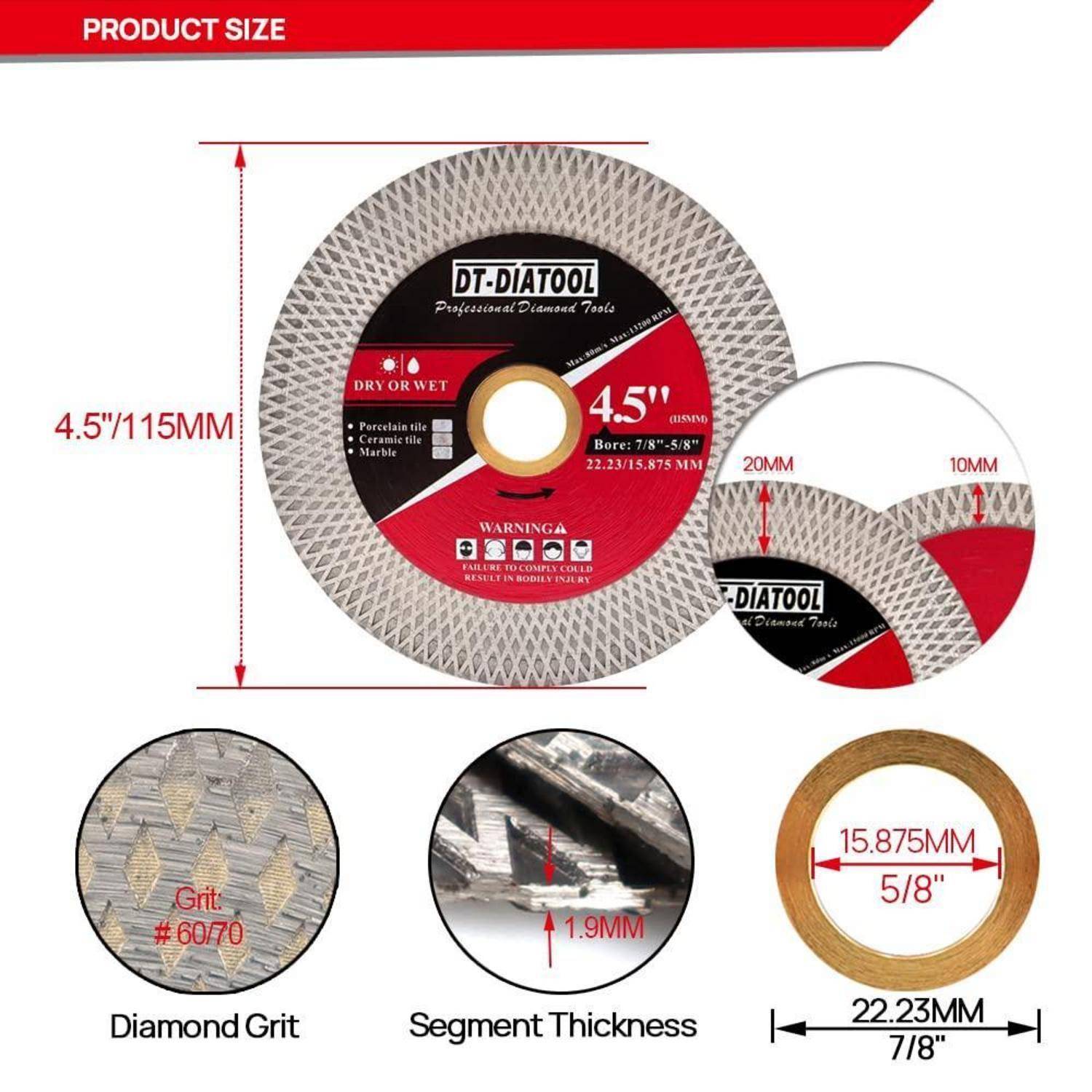 DT-Diatool 4,5 Zoll Diamant-Trennscheibe für Trocken- oder Nassanwendung. Bohrlochgrößen: 7/8 oder 5/8 Zoll. Eigenschaften: Diamantkörnigkeit #60/70, 1,9 mm Segmentdicke.