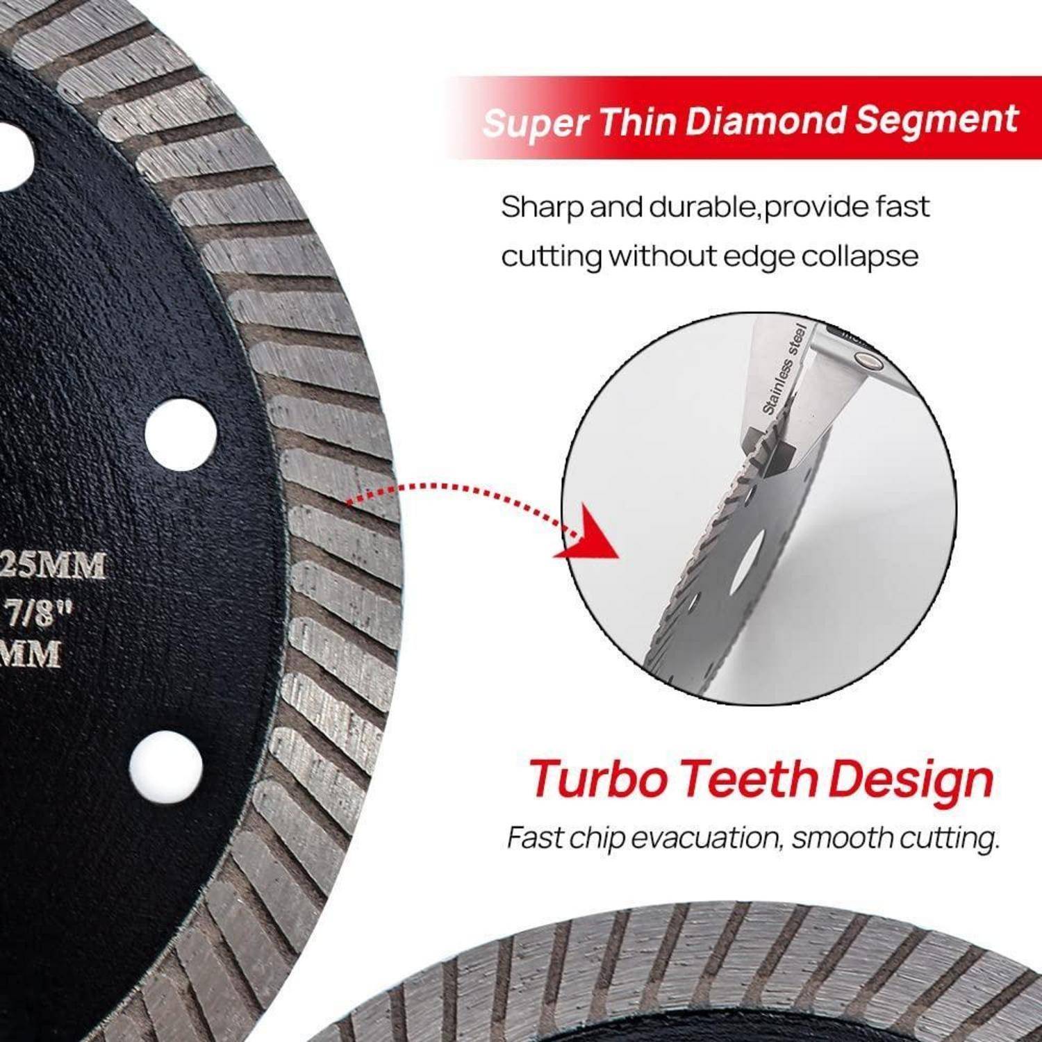 Schneidklinge mit Turbo-Zahn-Design. Text: ‚Super dünnes Diamant-Segment', bewirbt schnelles, glattes Schneiden. Nahaufnahme zeigt scharfe Kante.