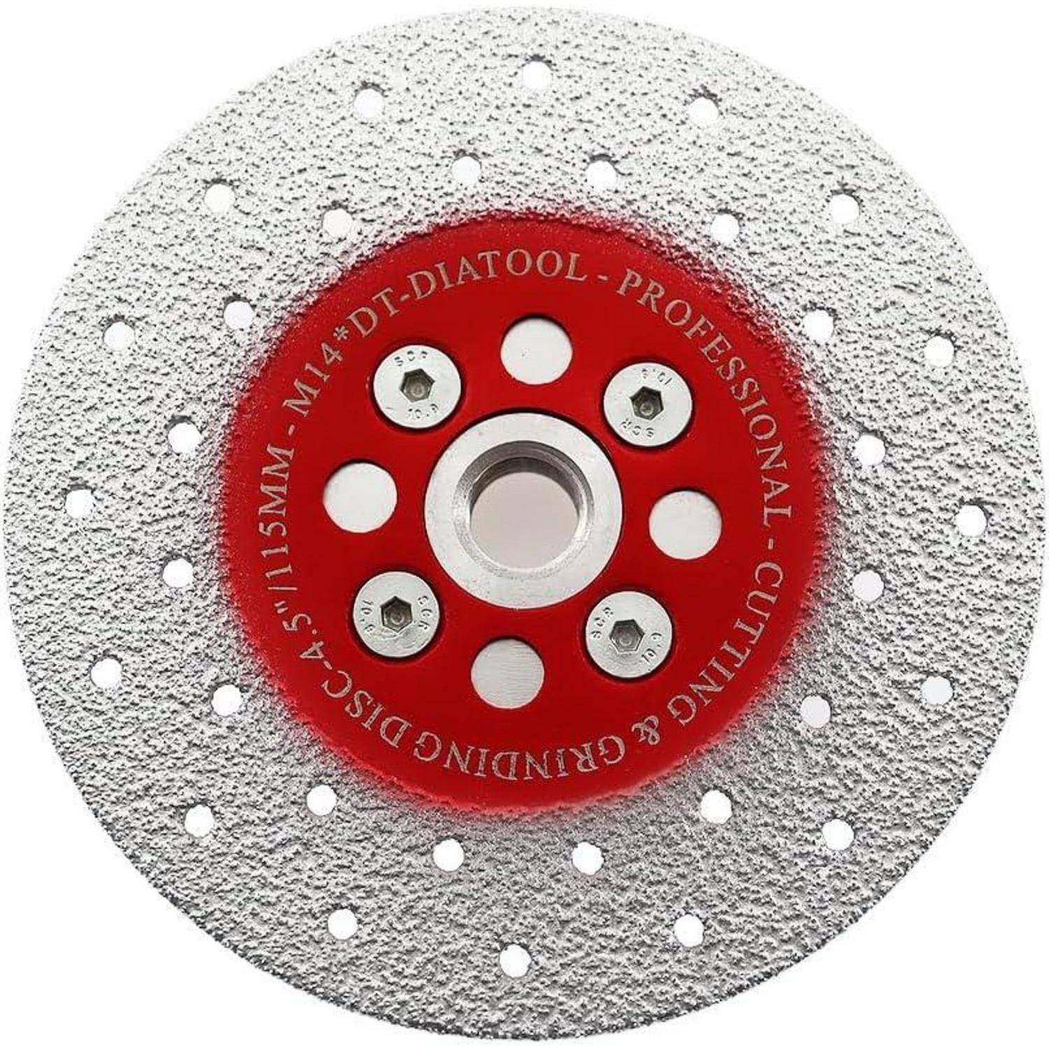 Rote Trennscheibe mit silbernen Kanten, beschriftet mit 'DT-DIATOOL Professional Cutting Grinding Disc M14', mit Lüftungslöchern.
