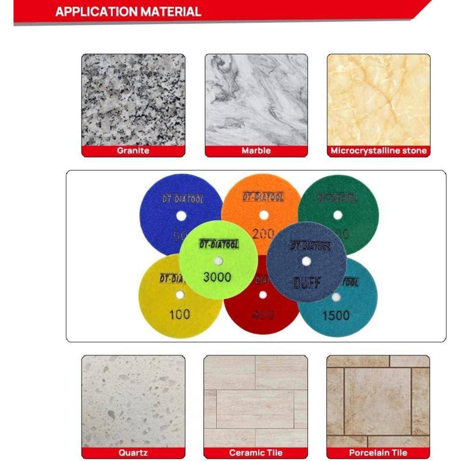 Das Bild zeigt Polierpads für 'Granit', 'Marmor', 'Mikrokristalline Steine', 'Quarz', 'Keramikfliesen' und 'Porzellanfliesen'.