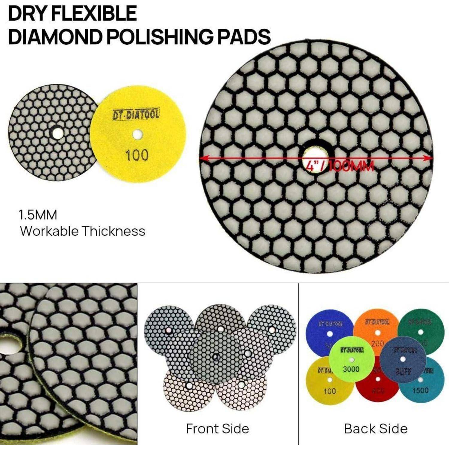 Trockene flexible Diamant-Polierpads mit Wabenmuster. Zeigt Vorder- und Rückansichten verschiedener Pads und hebt eine Dicke von 1,5 mm hervor.