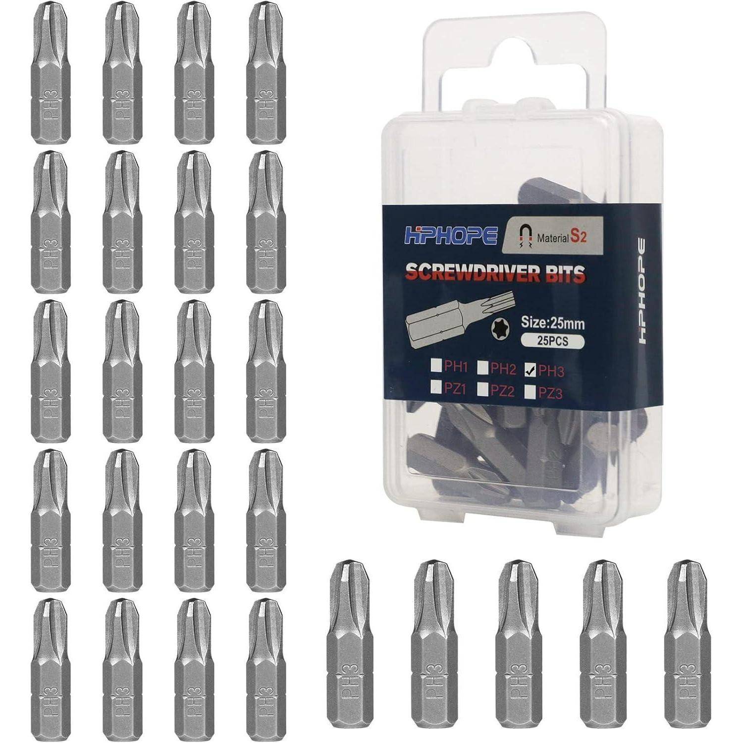 25-teiliges Schraubendreher-Bit-Set in einer transparenten, markierten Aufbewahrungsbox. Enthält verschiedene Bittypen wie PH1, PH2, PH3, PZ1, PZ2, PZ3 und T20.