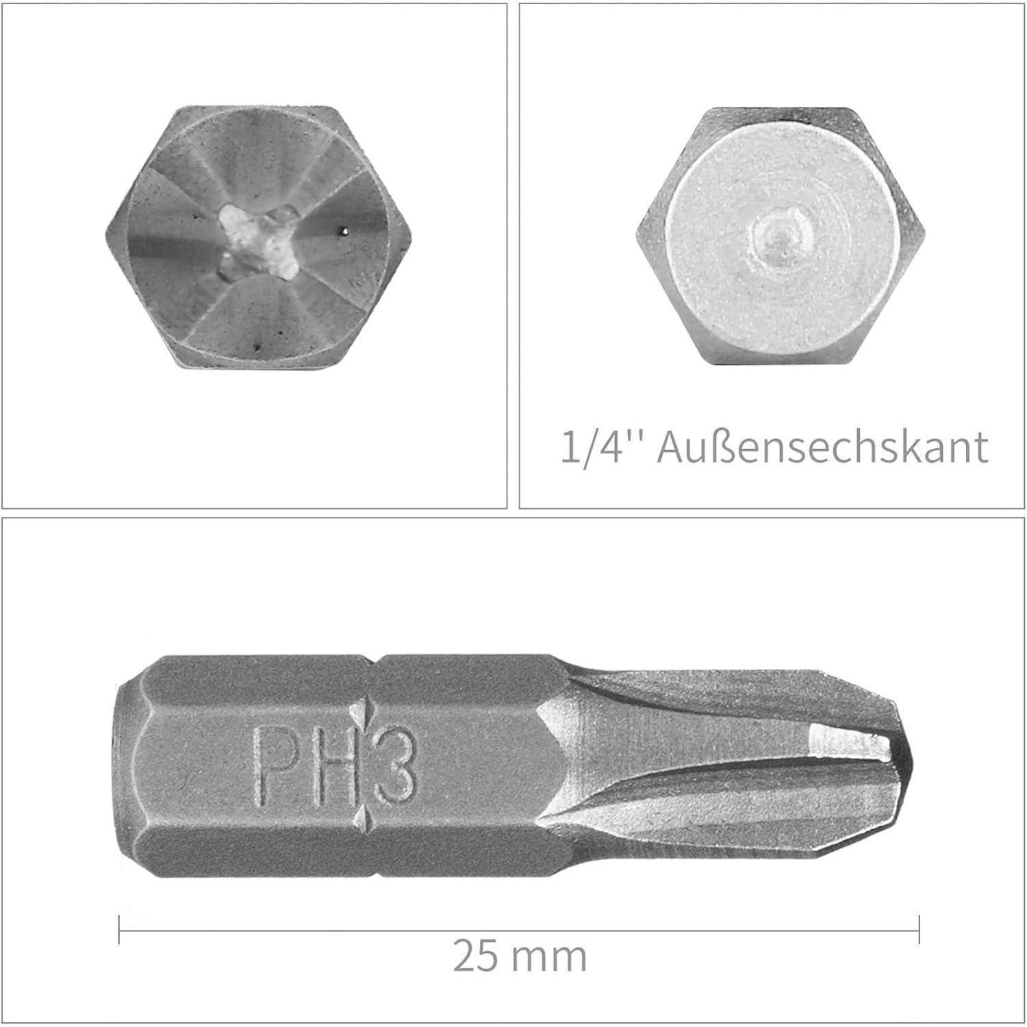 Kreuzschlitz-Schraubendreherbit mit der Markierung 'PH3' und 1/4'' sechskantigem Schaft. Länge beträgt 25 mm. Ansicht von oben und Seitenansicht dargestellt.