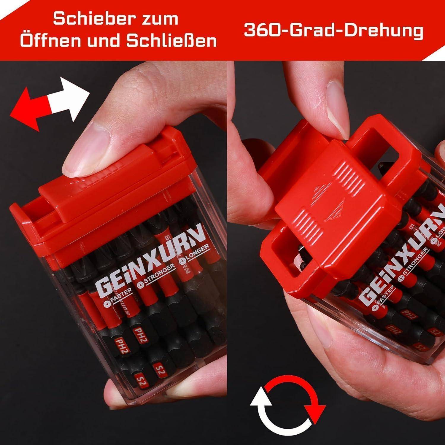 Eine Hand demonstriert das Öffnen eines roten mechanischen Federmäppchens mit einem Schiebemechanismus und 360-Grad-Drehung, versehen mit der Markenbezeichnung 'GEHXURV'.