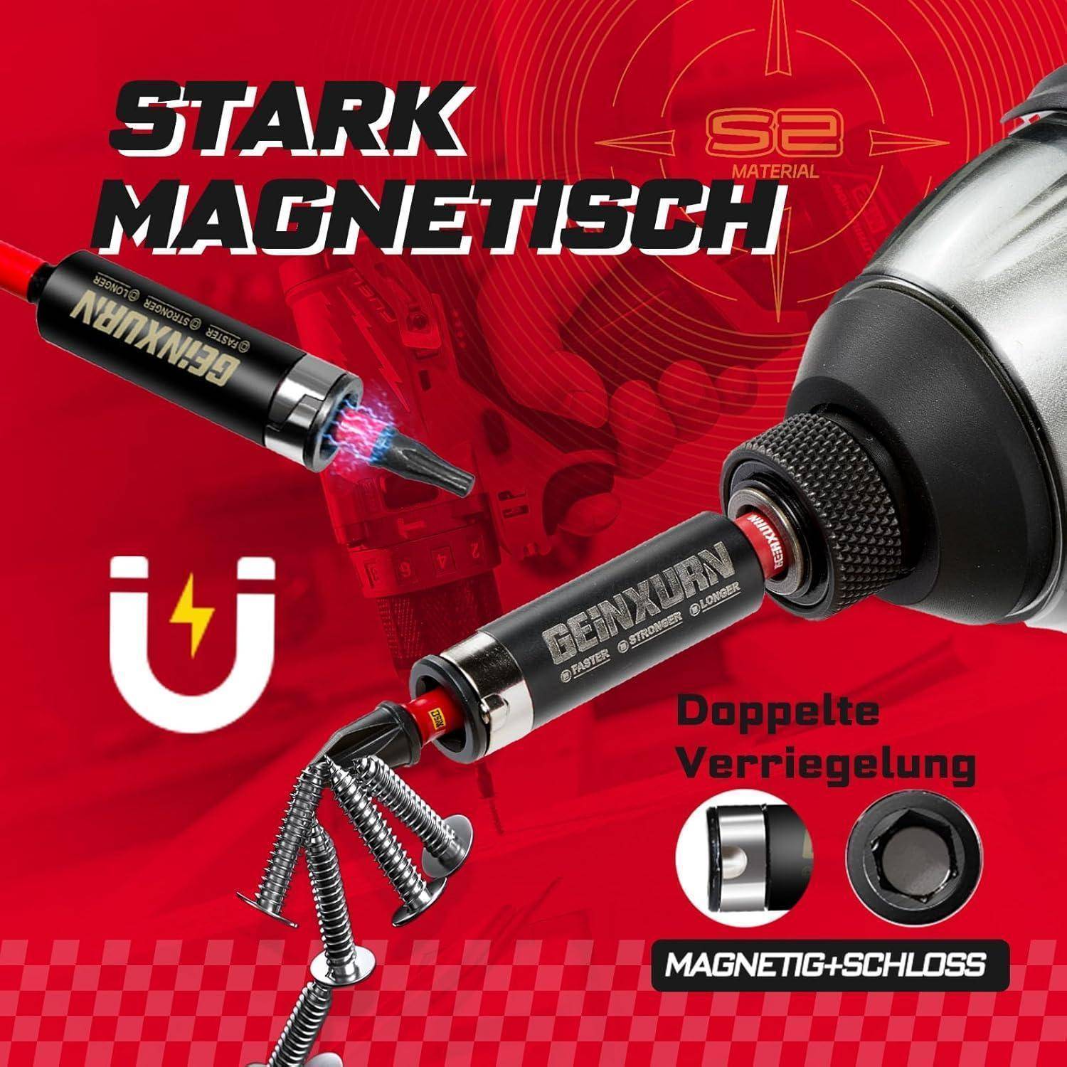 Ein starkes magnetisches USB-Kabel zeigt seinen leistungsstarken Anschluss und magnetischen Verschluss. Text liest sich als 'Stark Magnetisch' und 'Doppelte Verriegelung'.