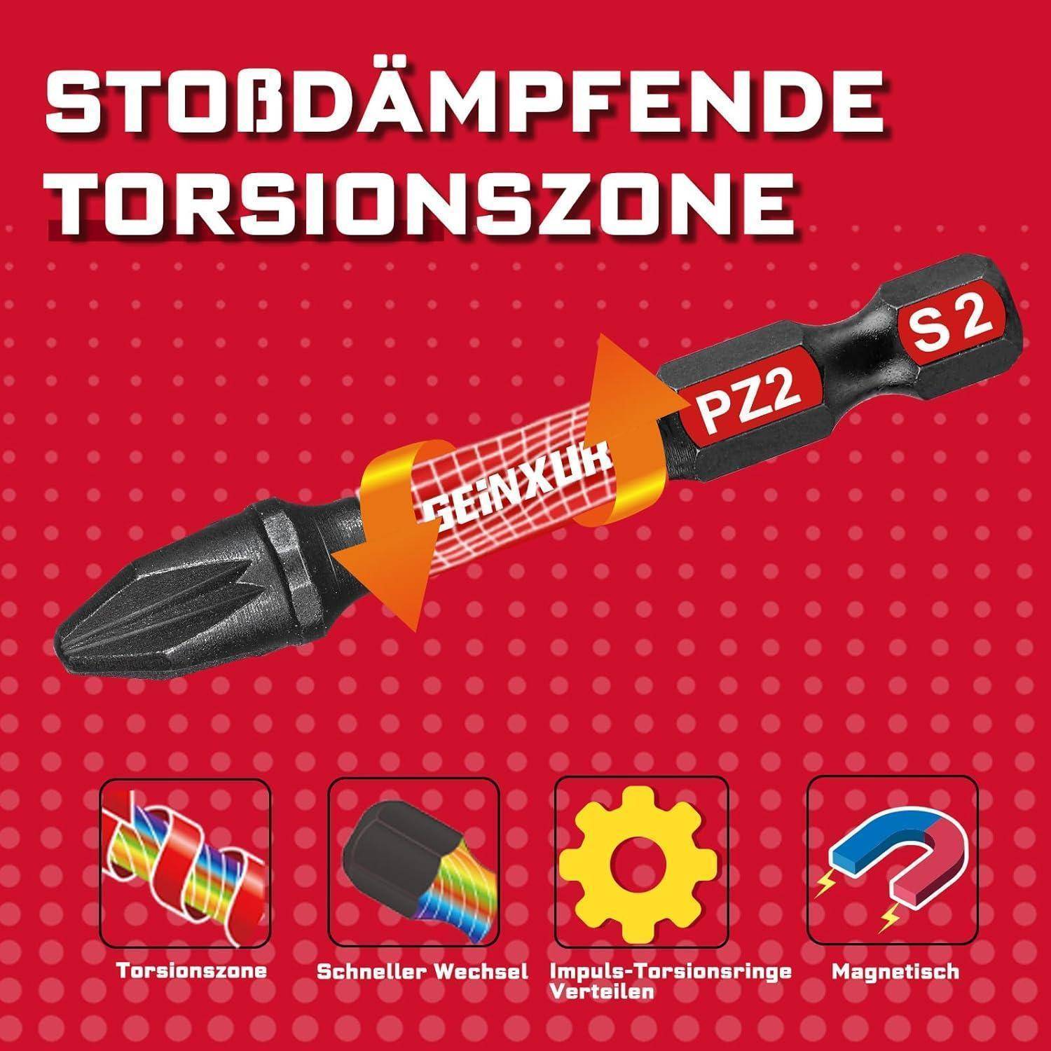 Werbegrafik 'Torsionszone' mit einem speziellen Bit, das eine absorbierende Torsionszone, Schnellwechsel-Funktion und magnetische Spitze präsentiert.