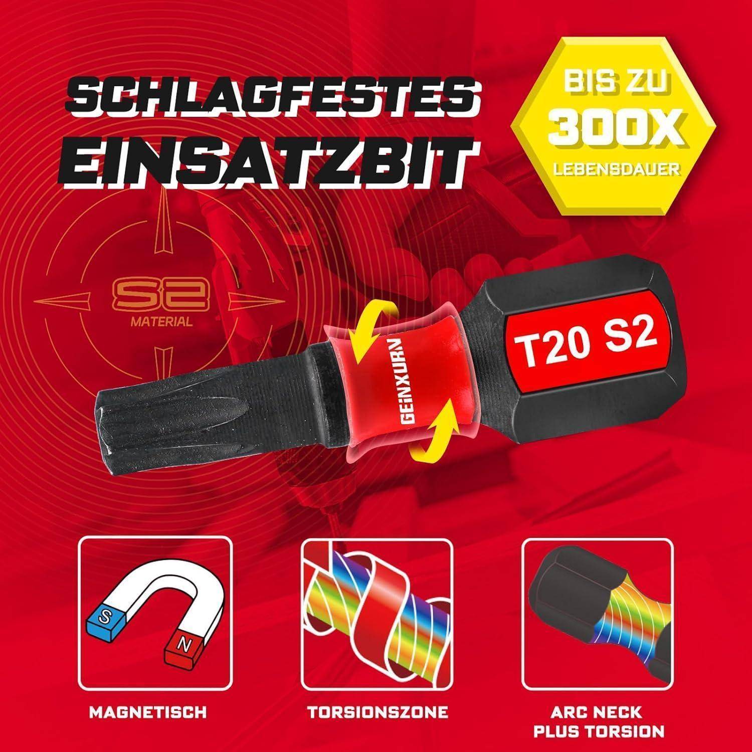 Einsatzbit T20 S2' mit Eigenschaften: 'Magnetisch', 'Torsionszone', 'Arc Neck Plus Torsion'. Behauptung 'Bis zu 300x Lebensdauer'.