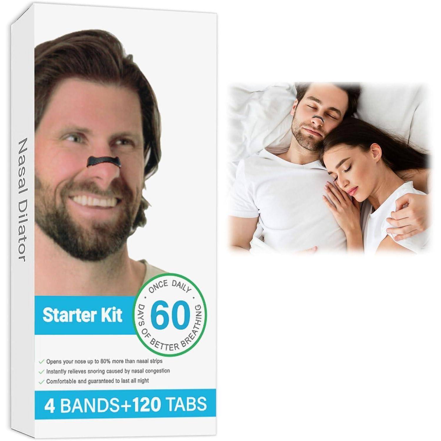Starterset-Box für Nasendilatatoren mit einem Bild eines Mannes, der ihn trägt; daneben ein Foto eines friedlich schlafenden Paares.