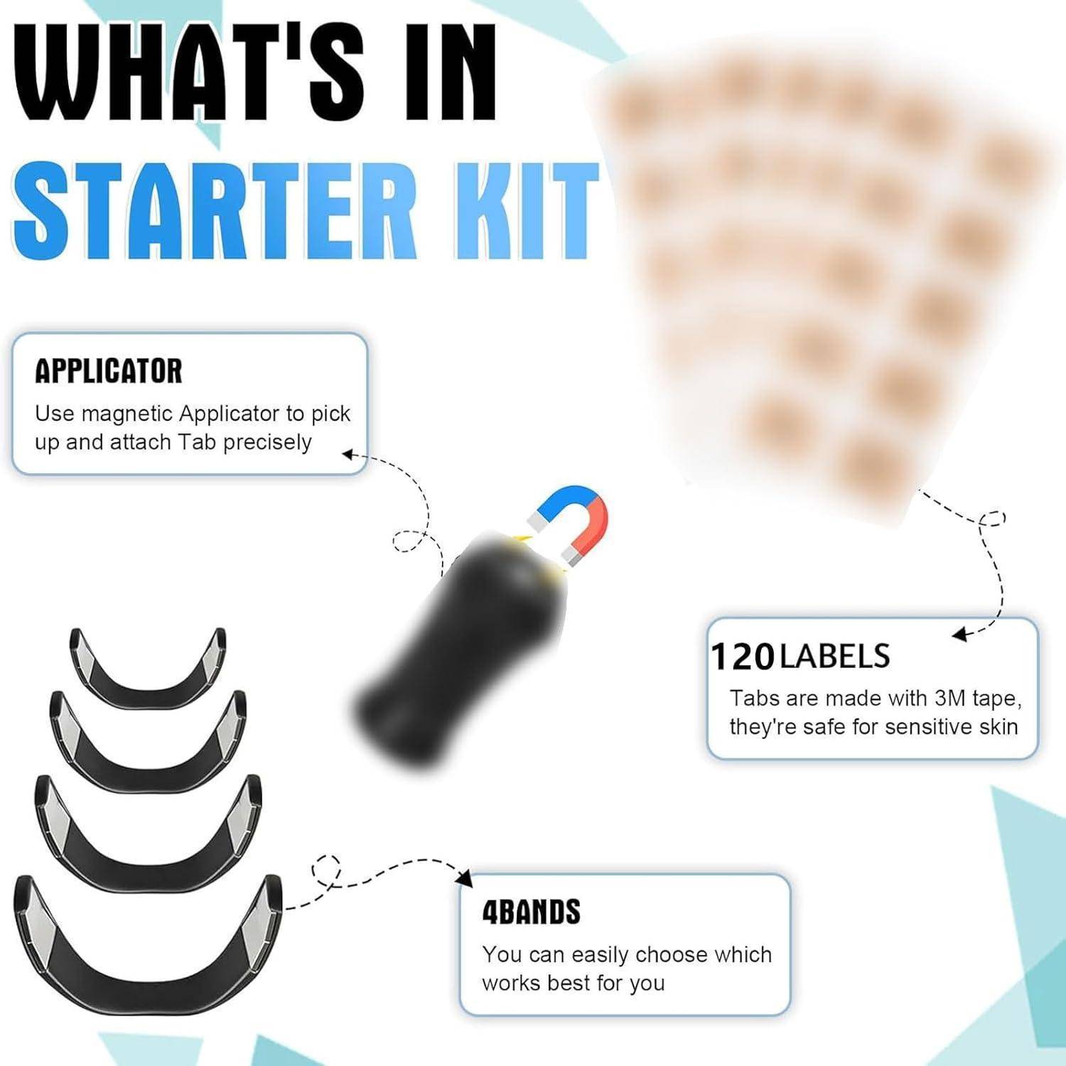 Im 'Starter Kit' enthalten sind ein Applikator, 4 verstellbare Bänder und 120 Haftaufkleber, die für empfindliche Haut geeignet sind.